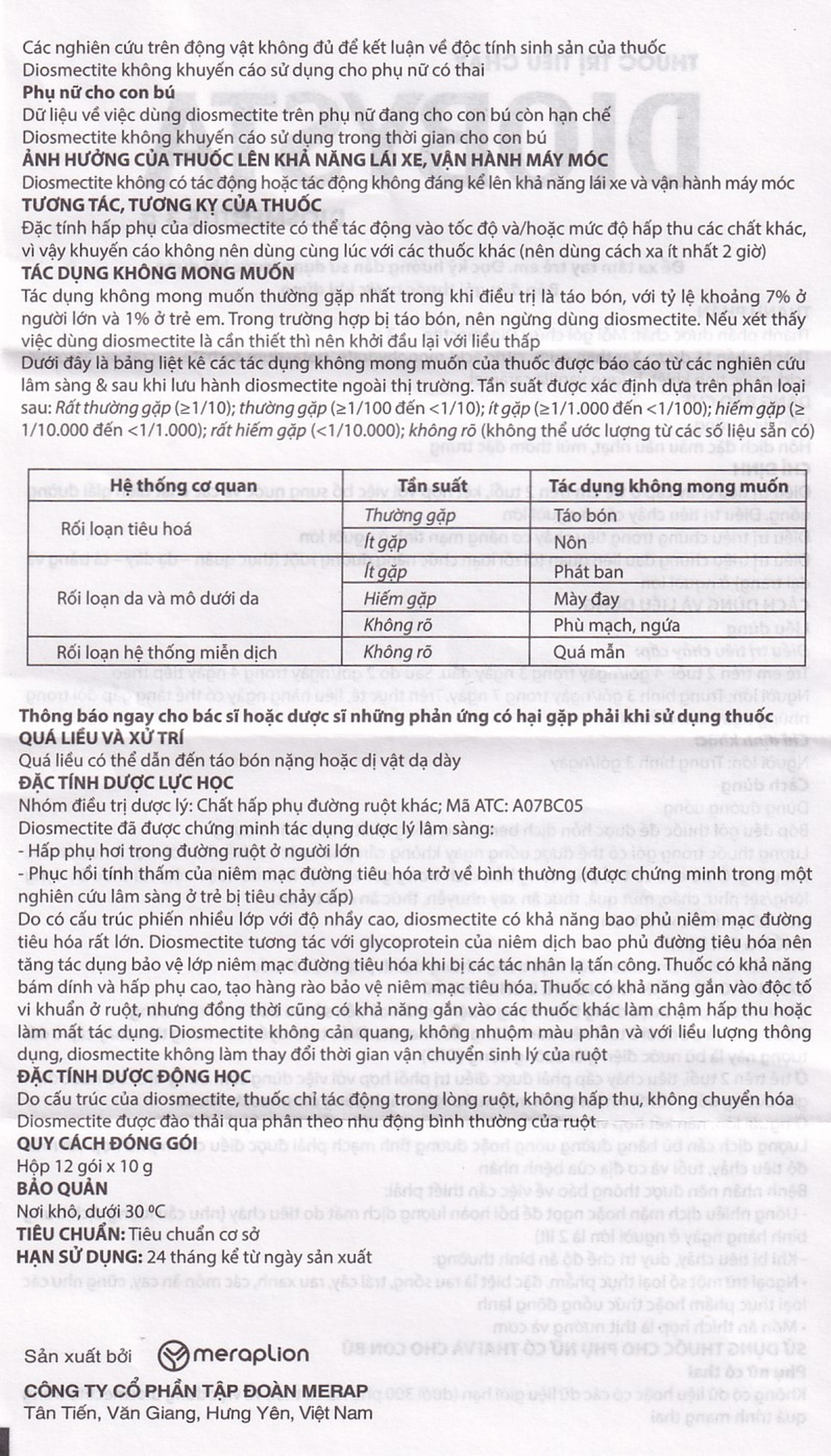 Thuốc Diobysta Merap điều trị tiêu chảy cấp và mạn (12 gói)