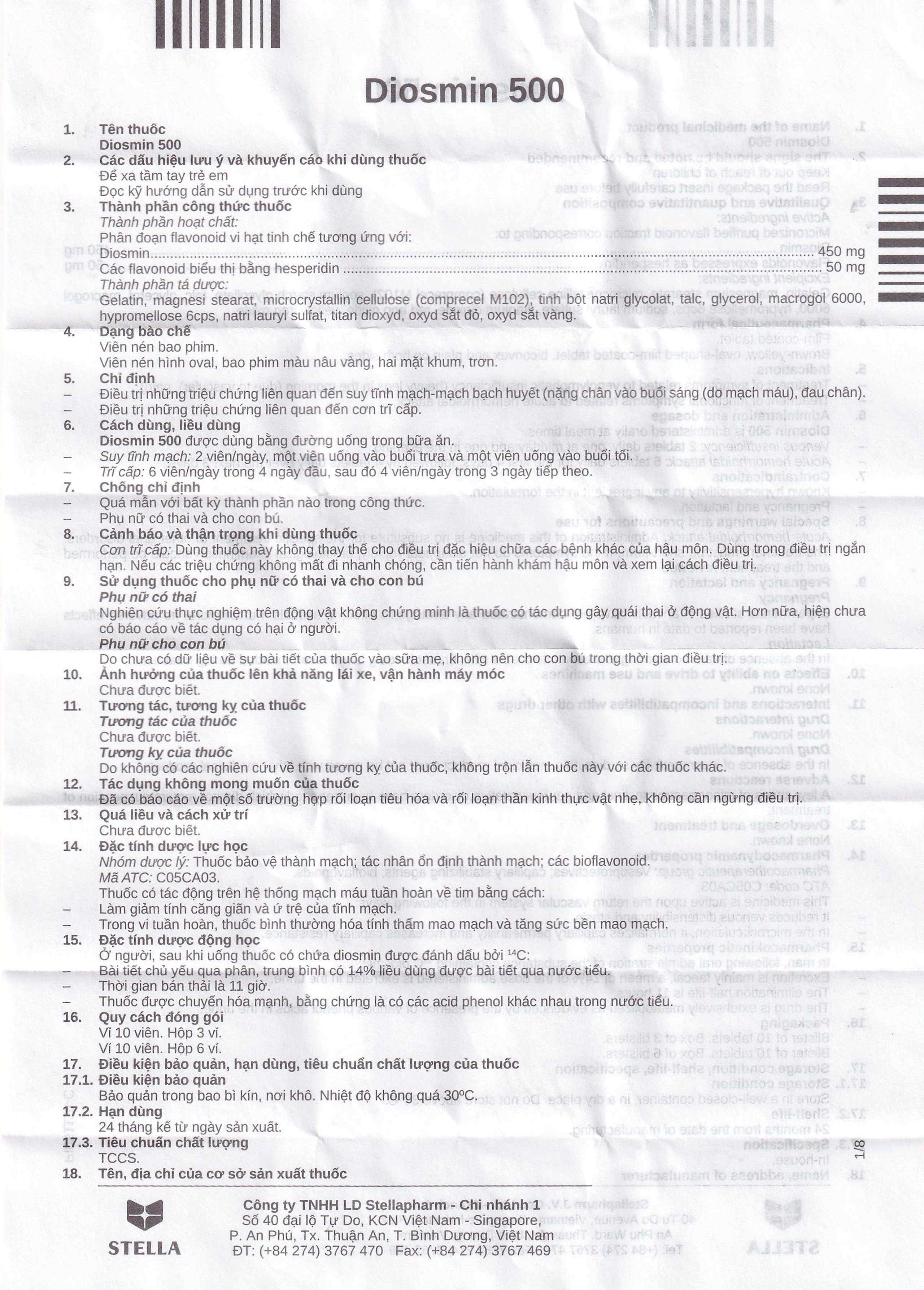 Thuốc Diosmin 500 Stella điều trị triệu chứng liên quan đến suy tĩnh mạch - mạch bạch huyết (6 vỉ x 10 viên)