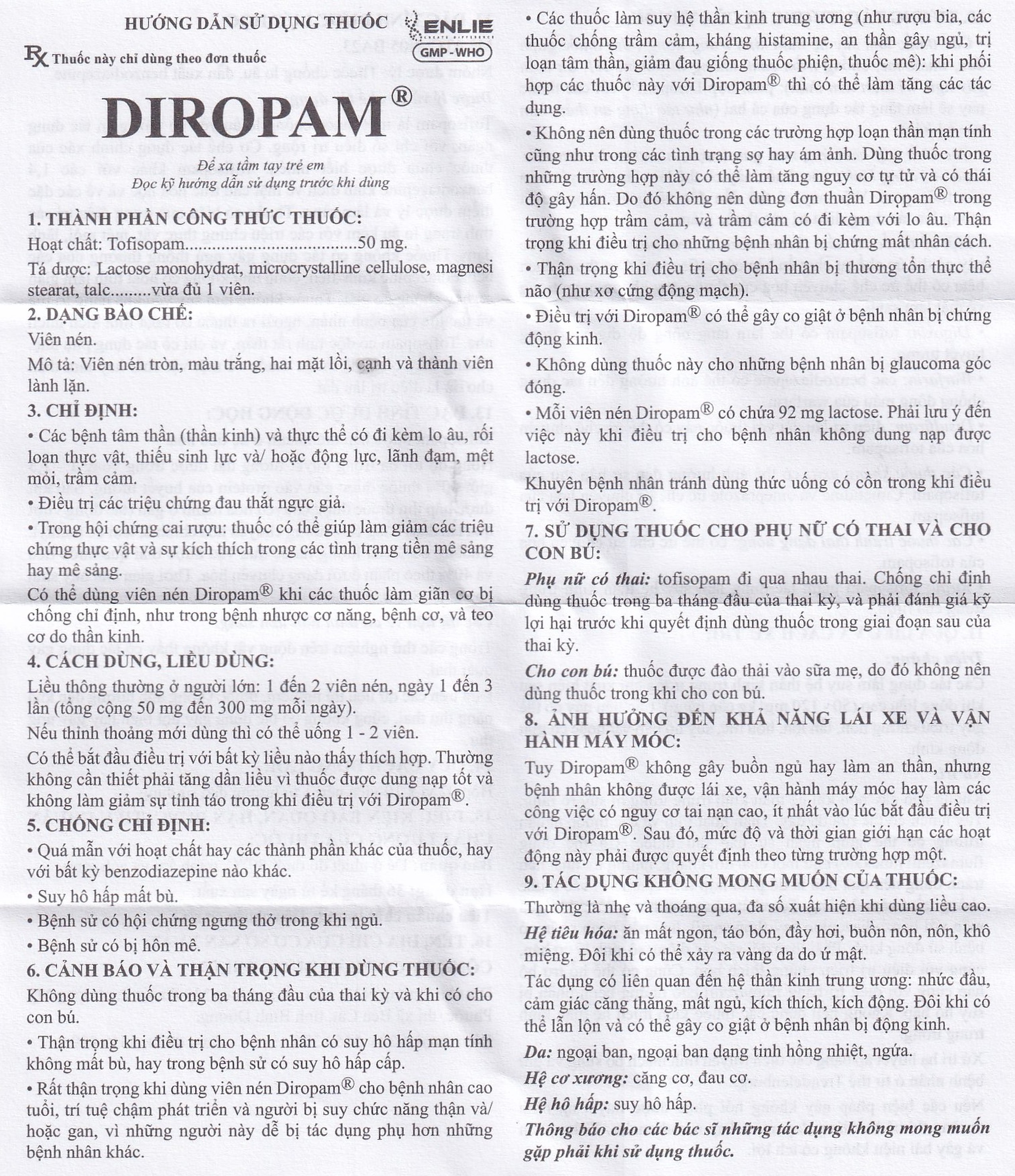 Thuốc Diropam 50mg Enlie điều trị triệu chứng đau thắt ngực giả, tiền mê sảng (2 vỉ x 10 viên)