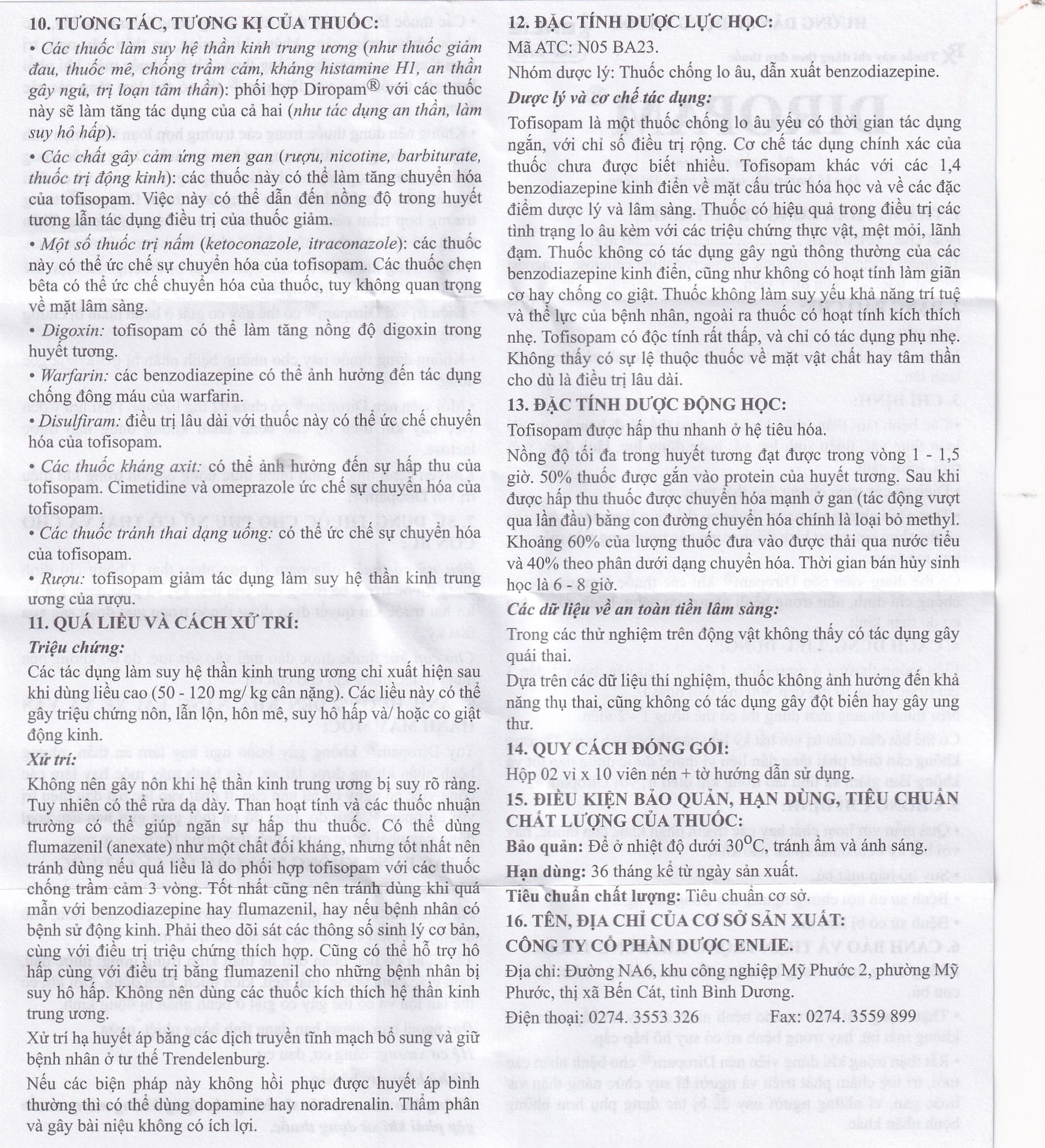 Thuốc Diropam 50mg Enlie điều trị triệu chứng đau thắt ngực giả, tiền mê sảng (2 vỉ x 10 viên)