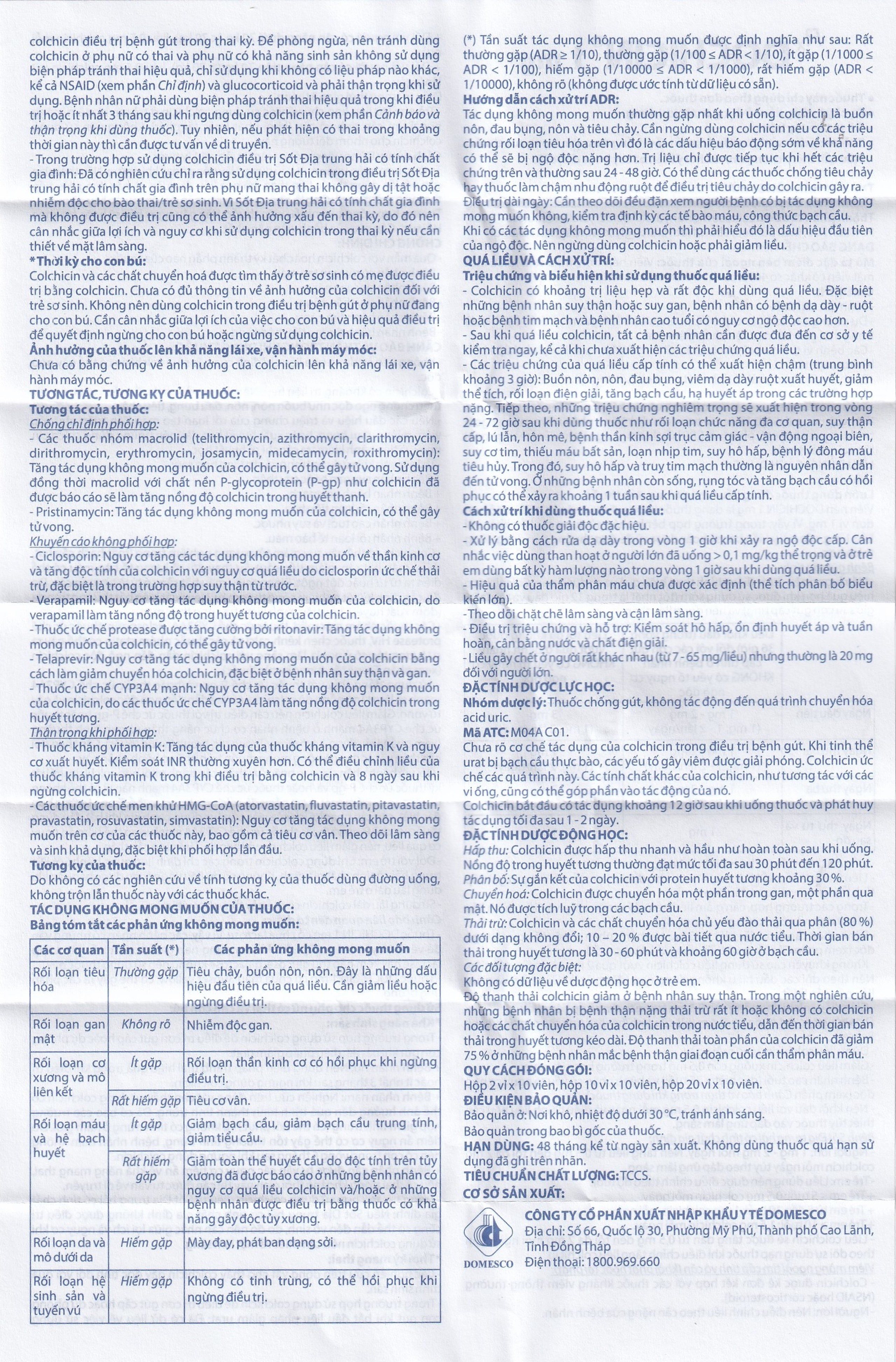 Thuốc Dochicin 1mg Domesco điều trị bệnh gút cấp tính (20 viên)