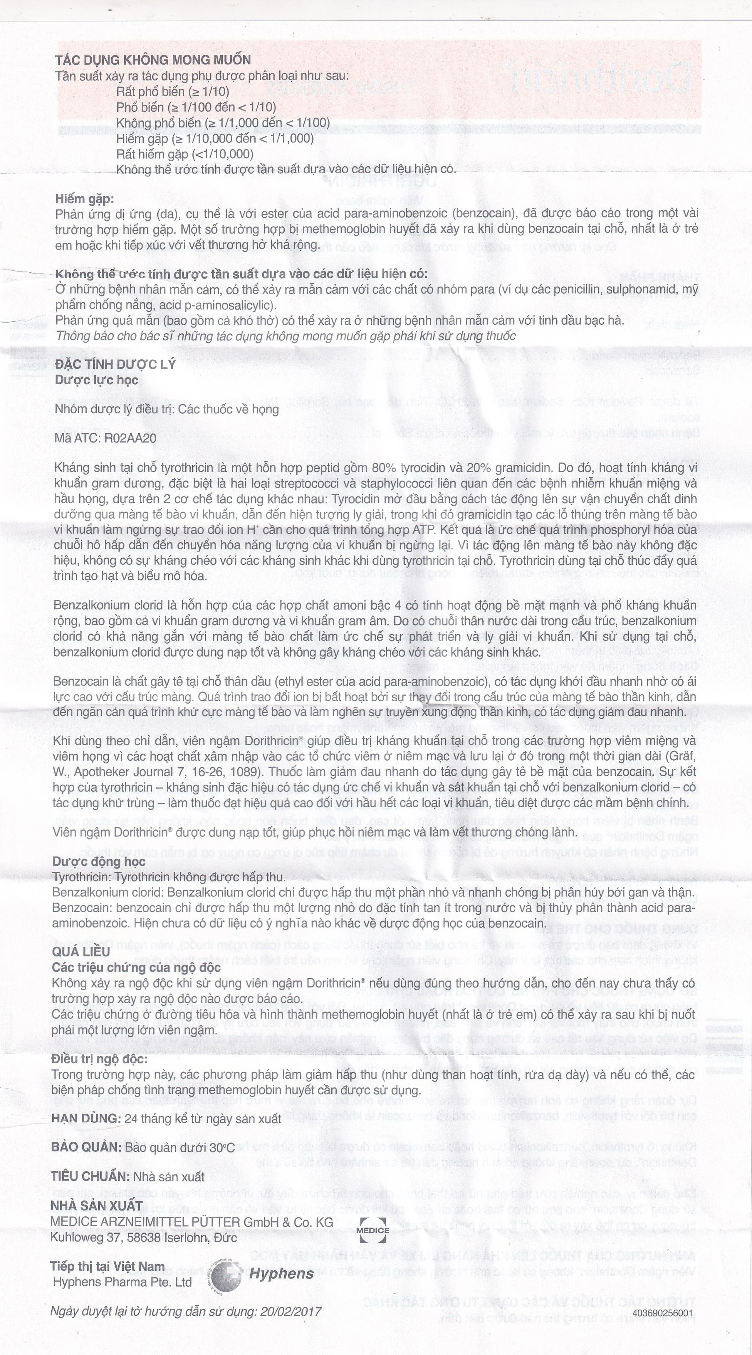 Viên ngậm Dorithricin Hyphens (20 viên) hỗ trợ điều trị các triệu chứng nhiễm khuẩn miệng, họng 