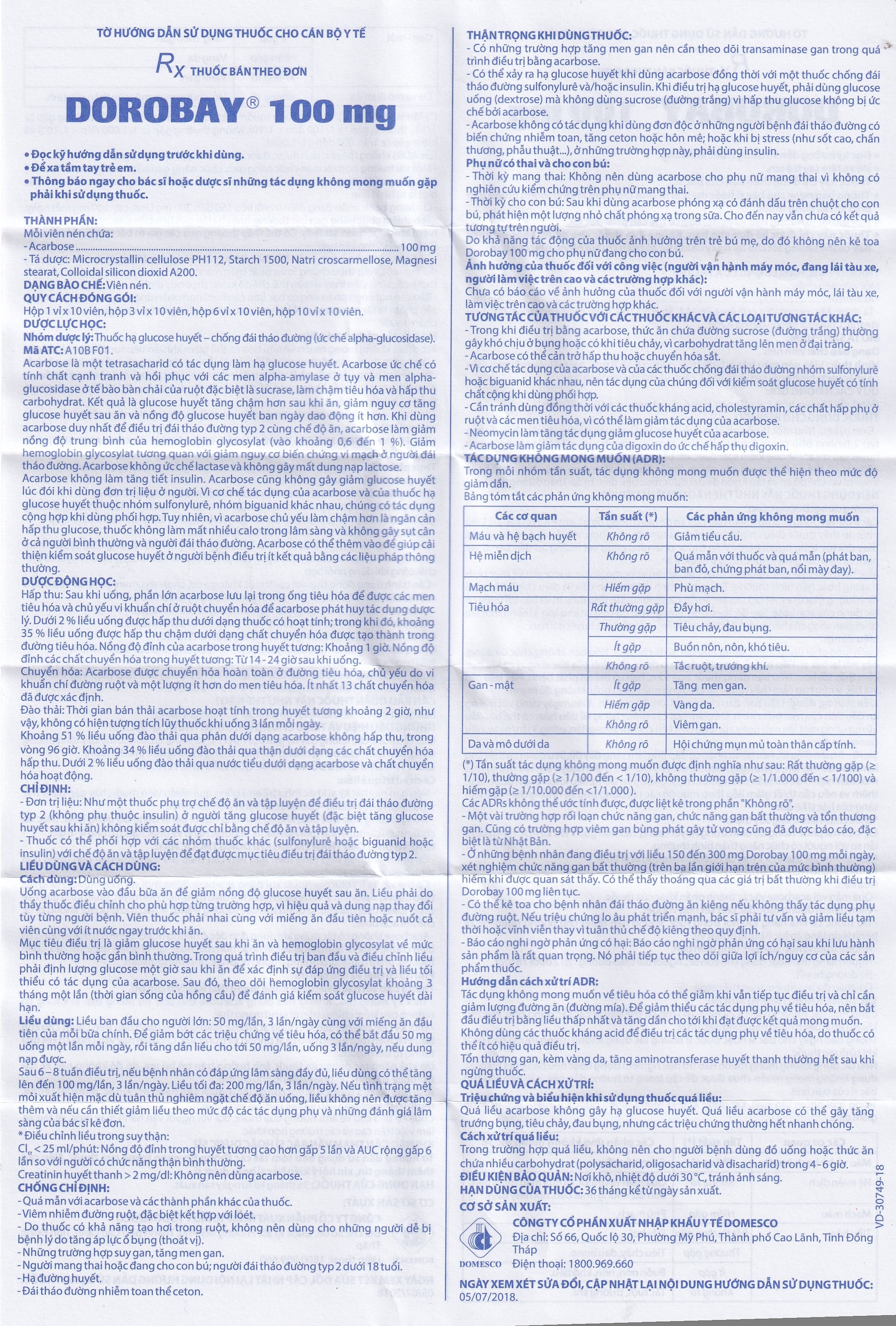 Thuốc Dorobay 100mg Domesco điều trị đái tháo đường típ 2 (3 vỉ x 10 viên)