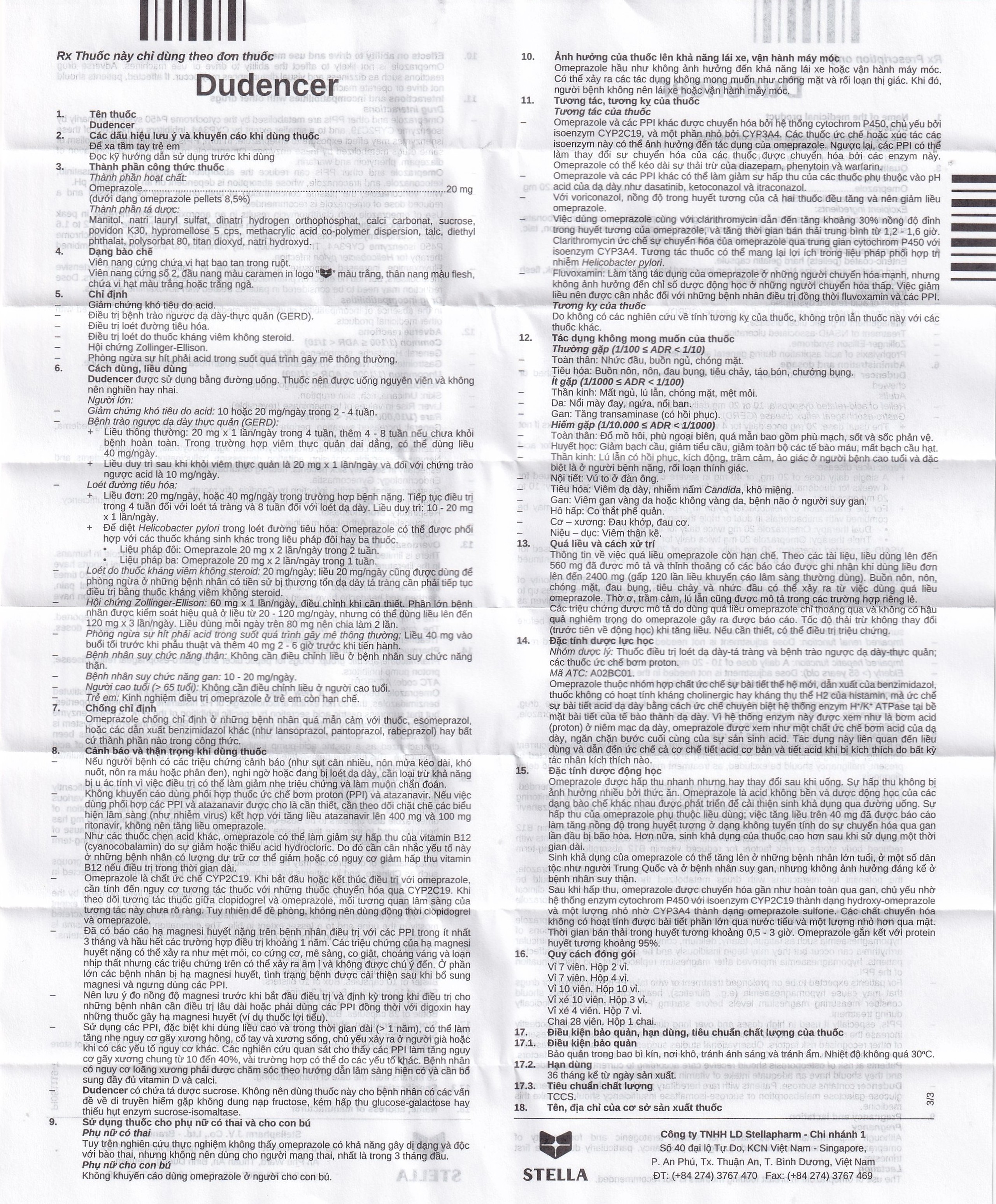 Thuốc Dudencer Stella giảm triệu chứng khó tiêu do acid (3 vỉ x 10 viên)