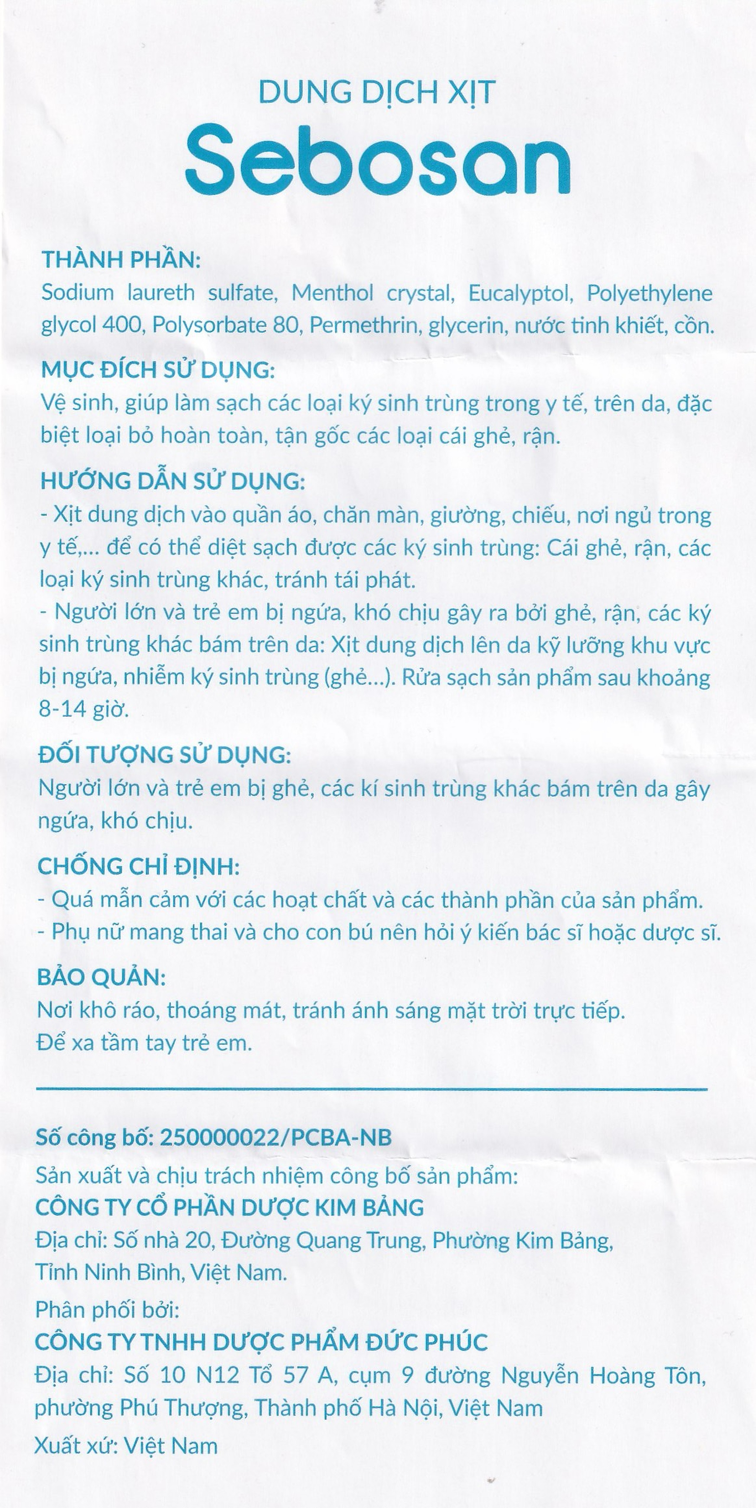 Xịt ngoài da làm sạch ký sinh trùng 100ml Sebosan Đức Phúc 