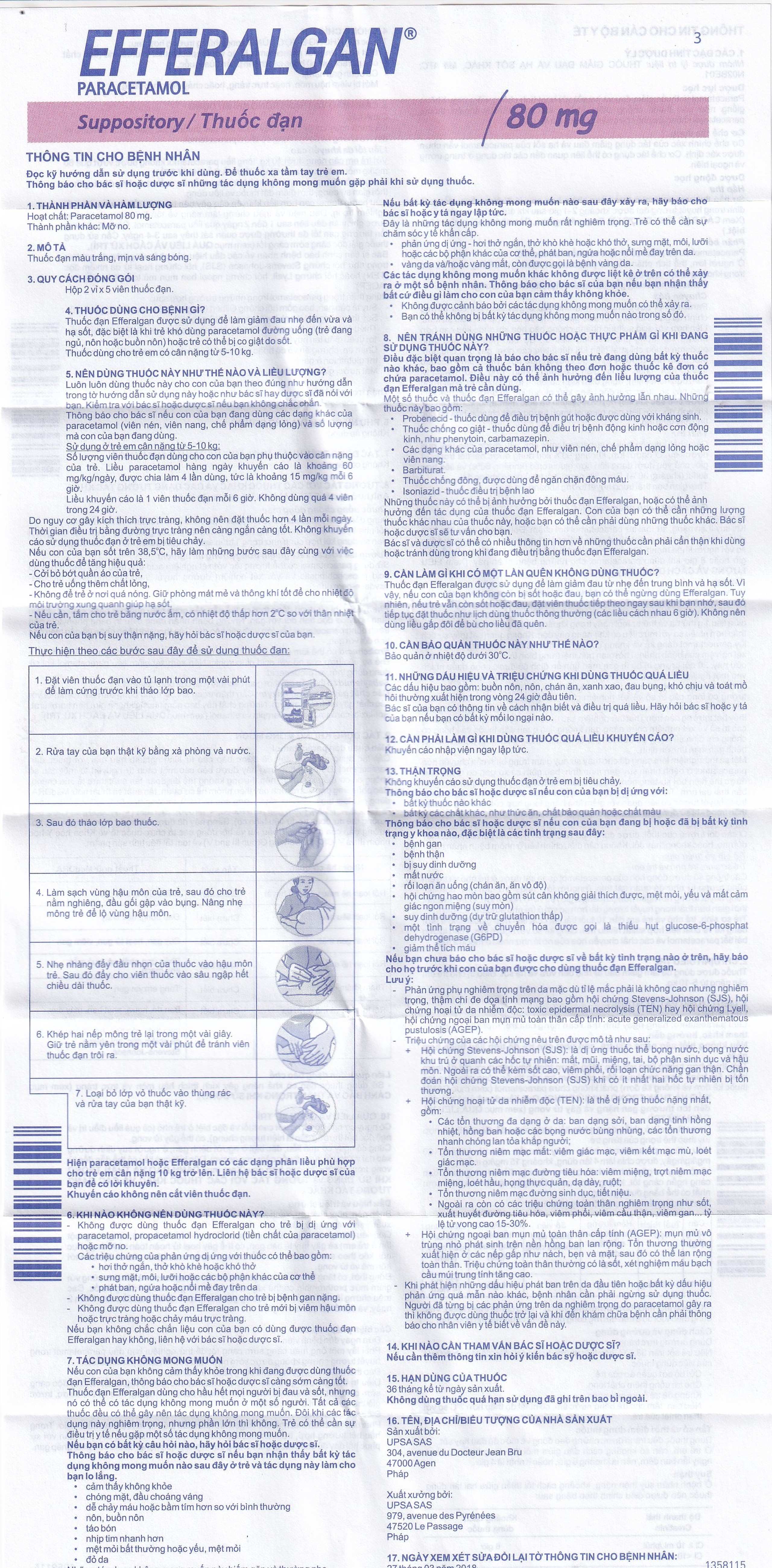 Thuốc đạn Efferalgan 80mg UPSA SAS giảm đau, hạ sốt (2 vỉ x 5 viên)