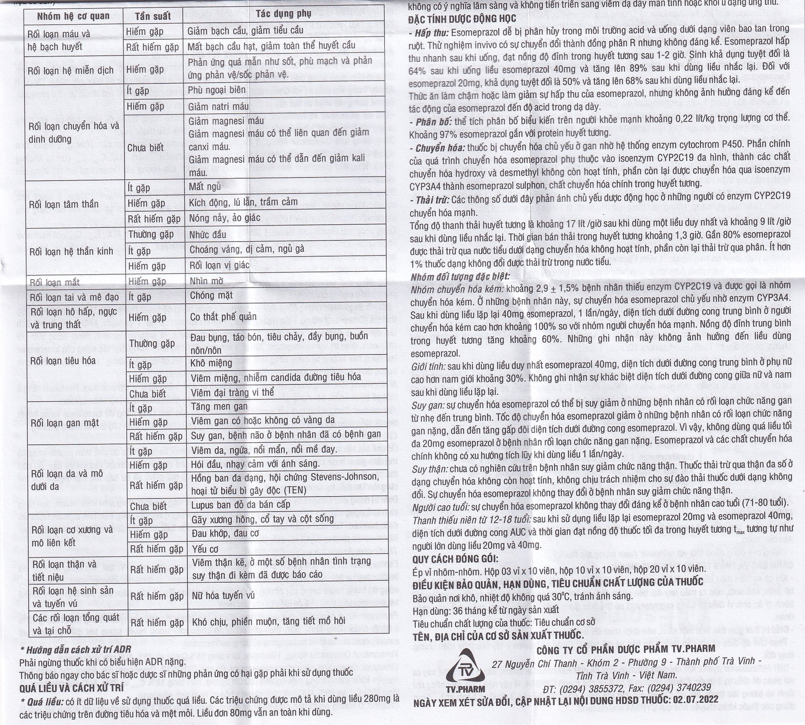 Thuốc Esomeprazol 40 Tv.Pharm điều trị loét dạ dày, trào ngược dạ dày, thực quản (3 vỉ x 10 viên)
