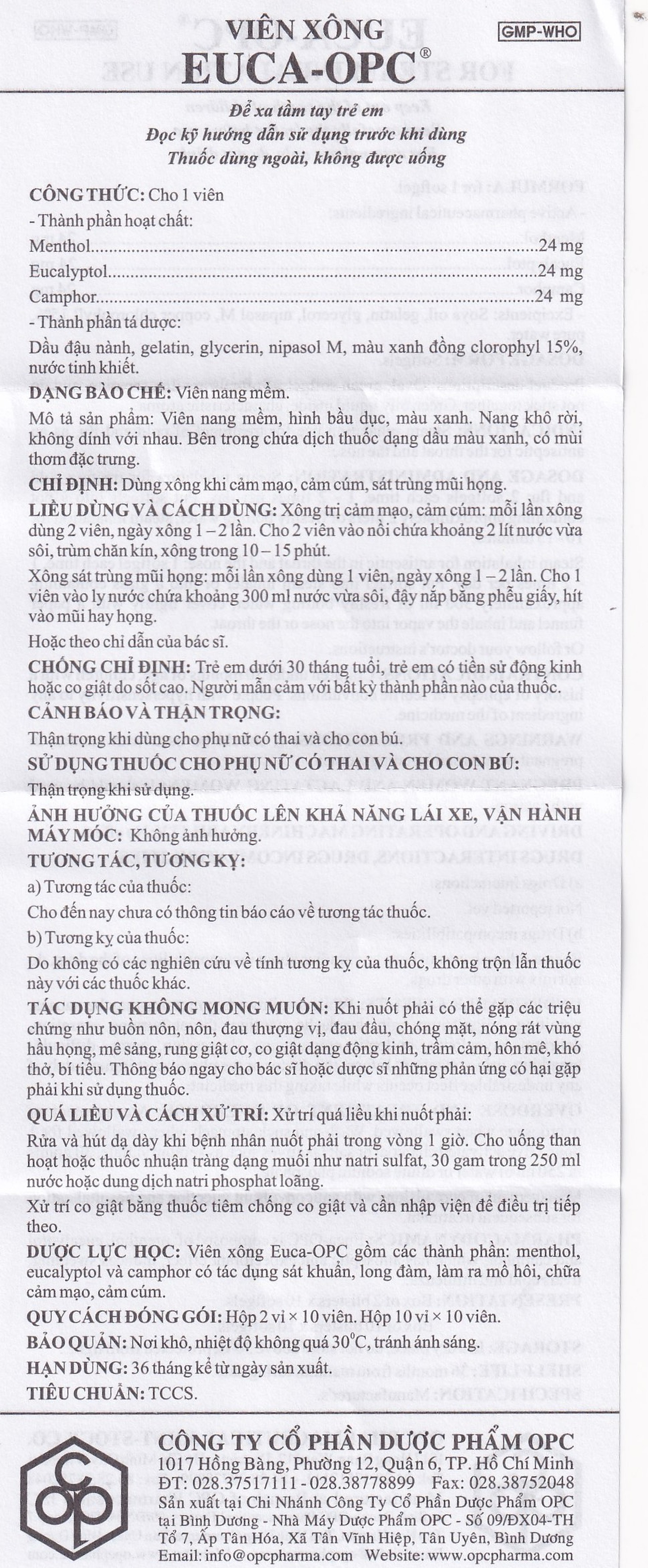 Viên xông Euca-OPC điều trị cảm mạo, cảm cúm, sát trùng mũi họng (2 vỉ x 10 viên)