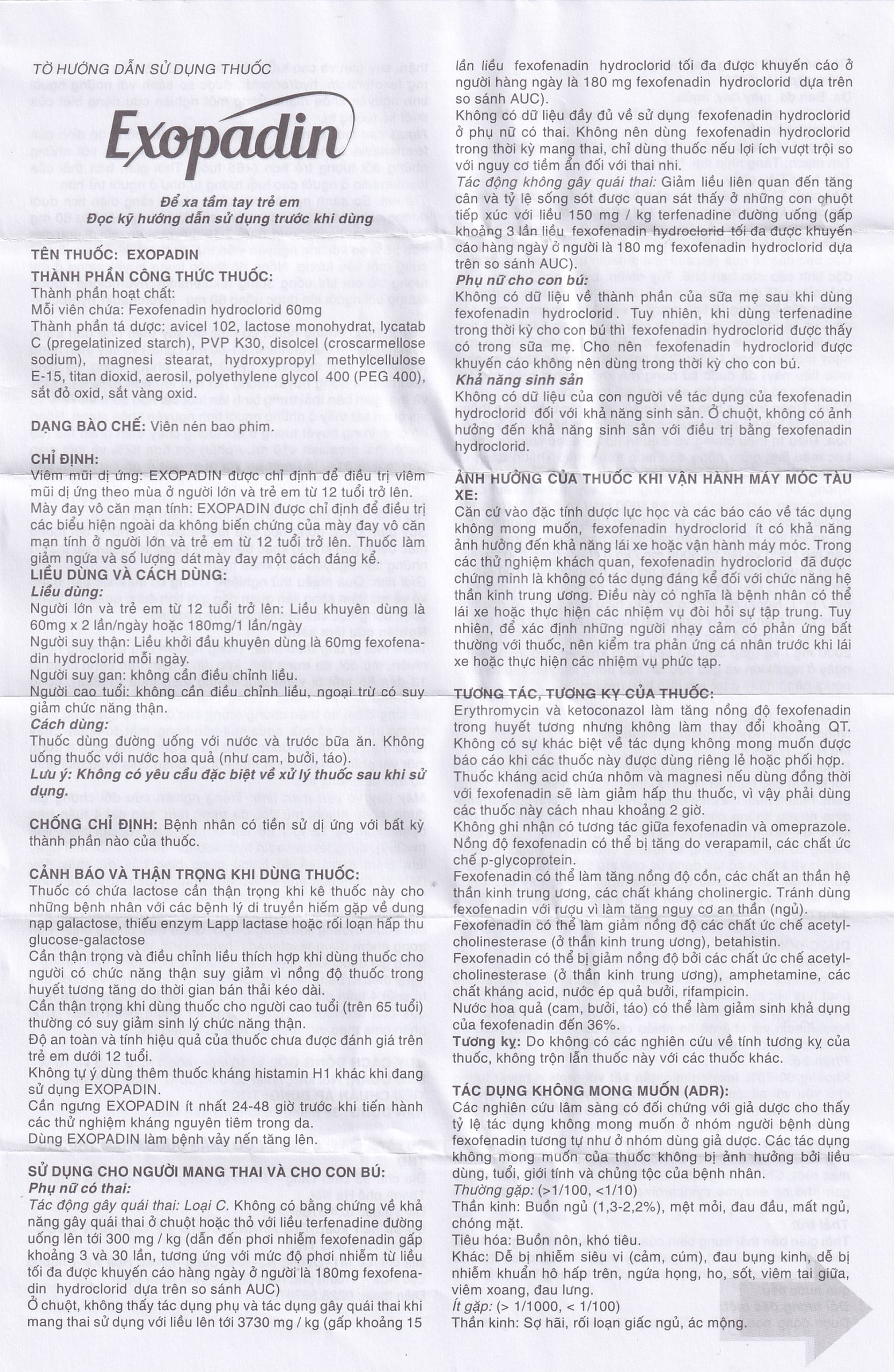 Thuốc Exopadin 60mg Trường Thọ điều trị viêm mũi dị ứng, mày đay (3 vỉ x 10 viên) 