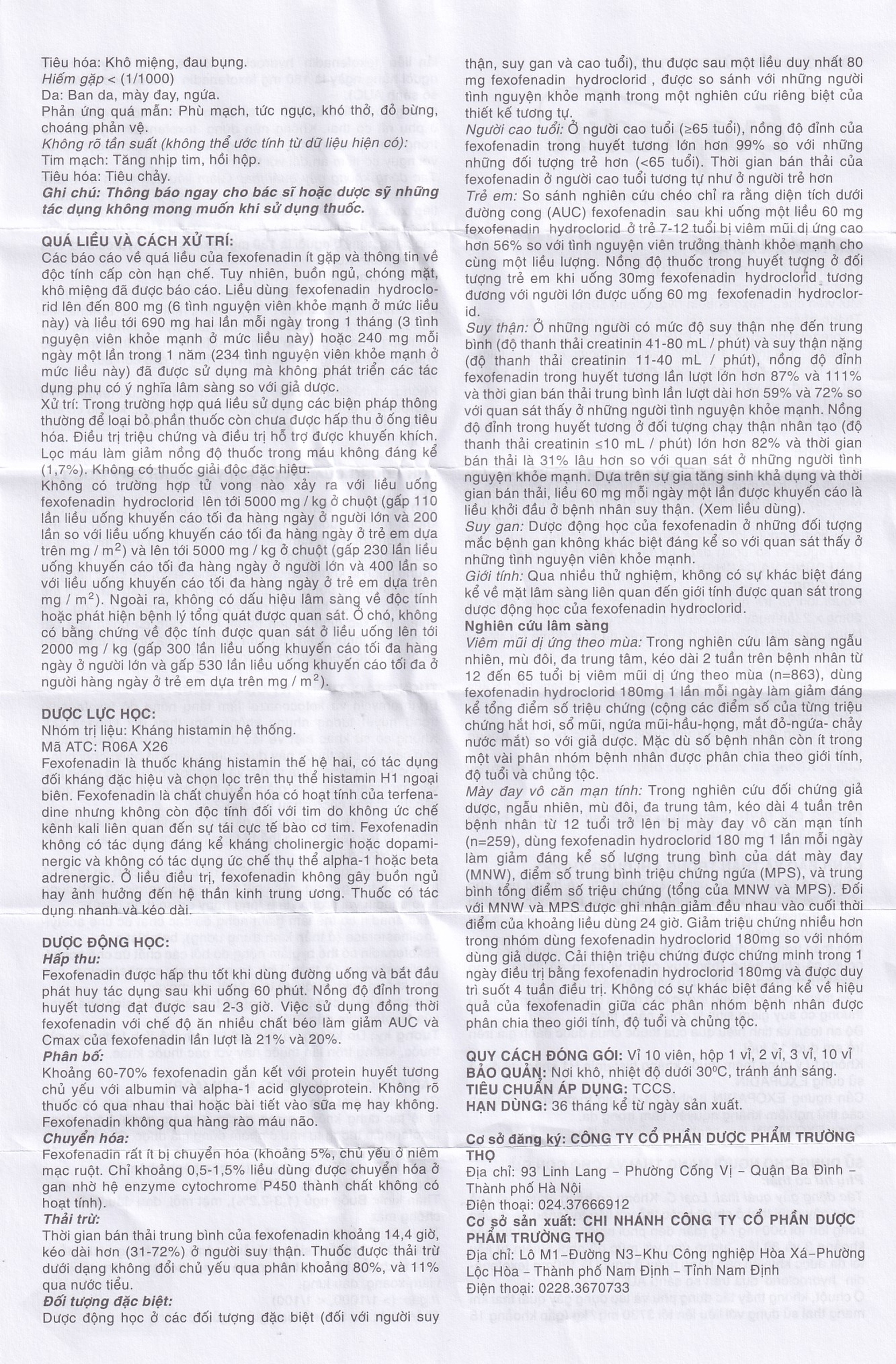 Thuốc Exopadin 60mg Trường Thọ điều trị viêm mũi dị ứng, mày đay (3 vỉ x 10 viên) 