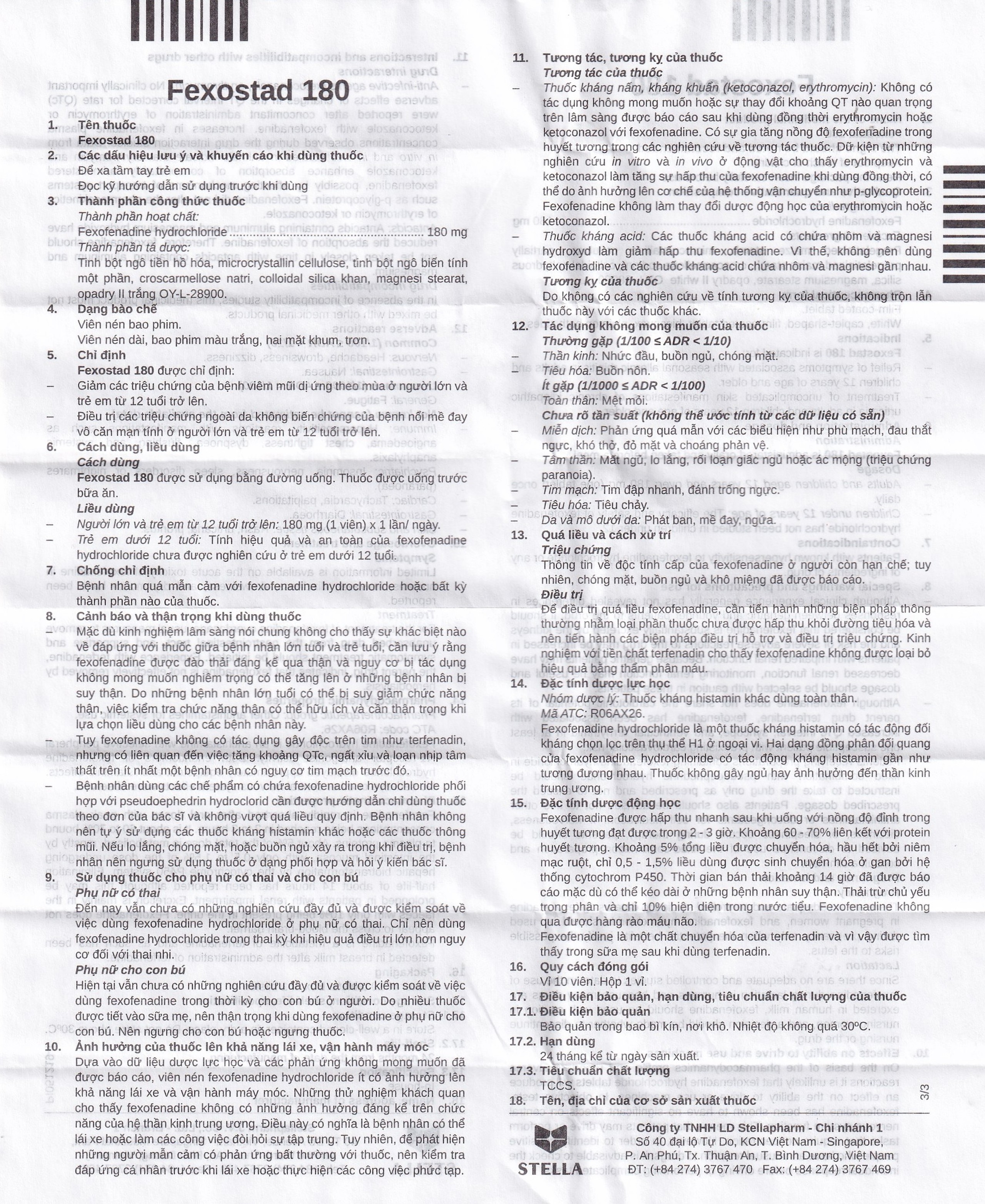 Thuốc Fexostad 180 Stella điều trị viêm mũi dị ứng theo mùa, mày đay vô căn mạn tính (10 viên)