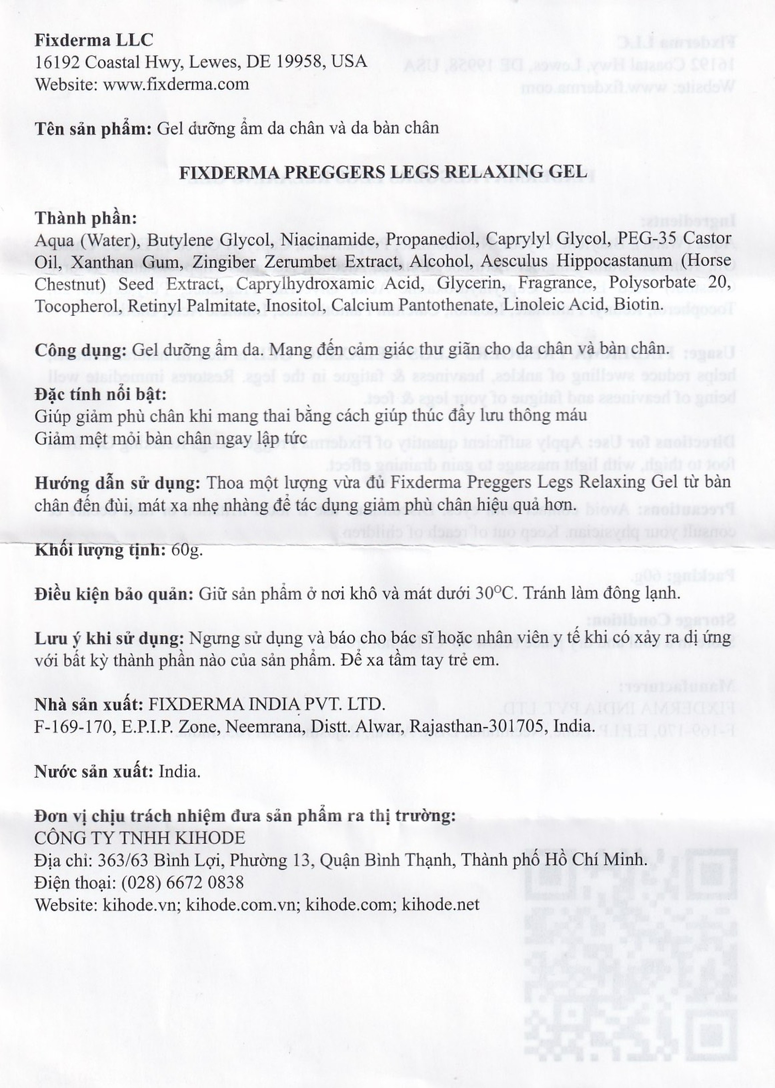 Gel dưỡng ẩm, ngừa giãn tĩnh mạch chân dành cho bà bầu Fixderma Preggers Leg Relaxing Gel 60g