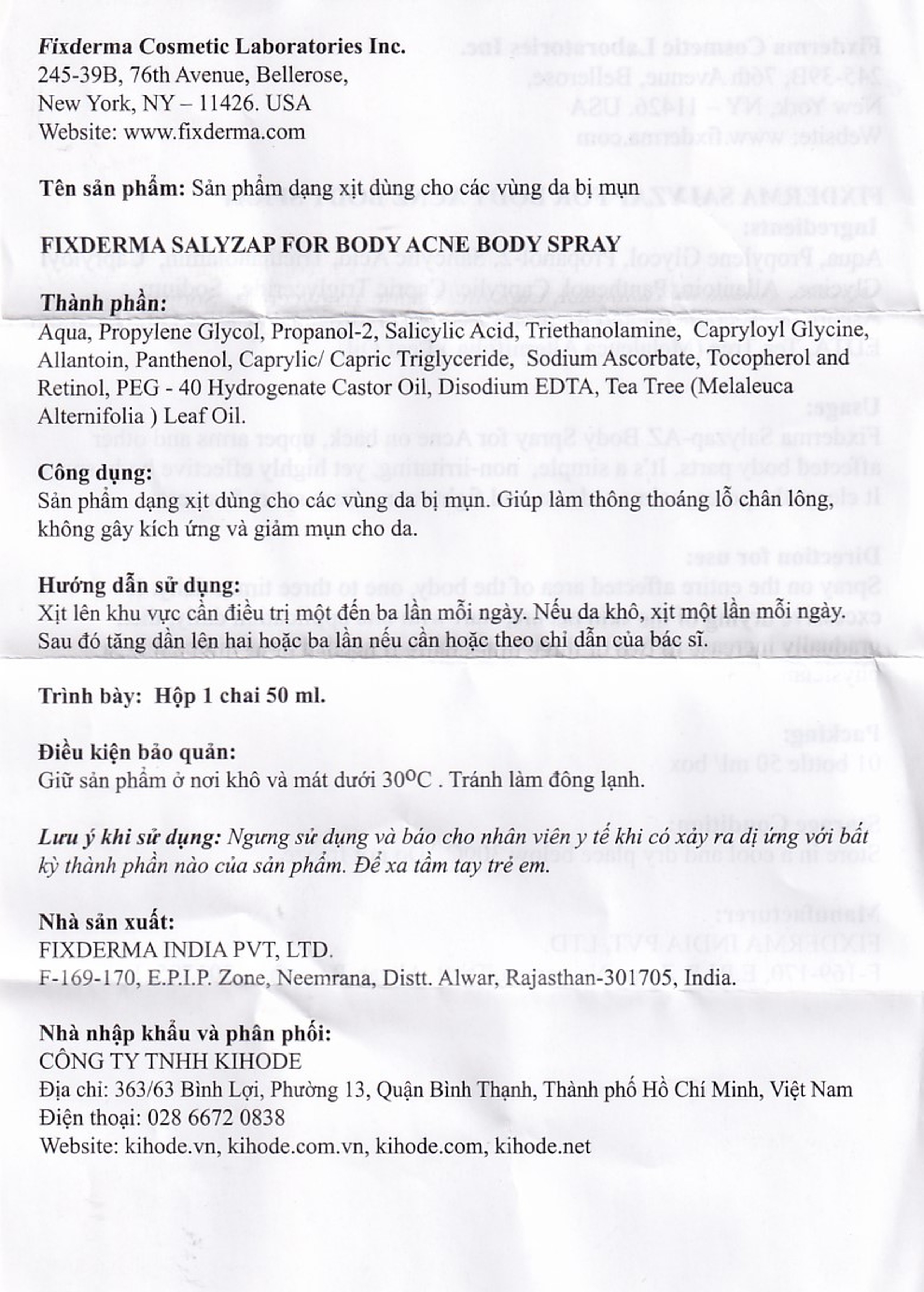 Xịt mụn lưng Fixderma Salyzap 50ml