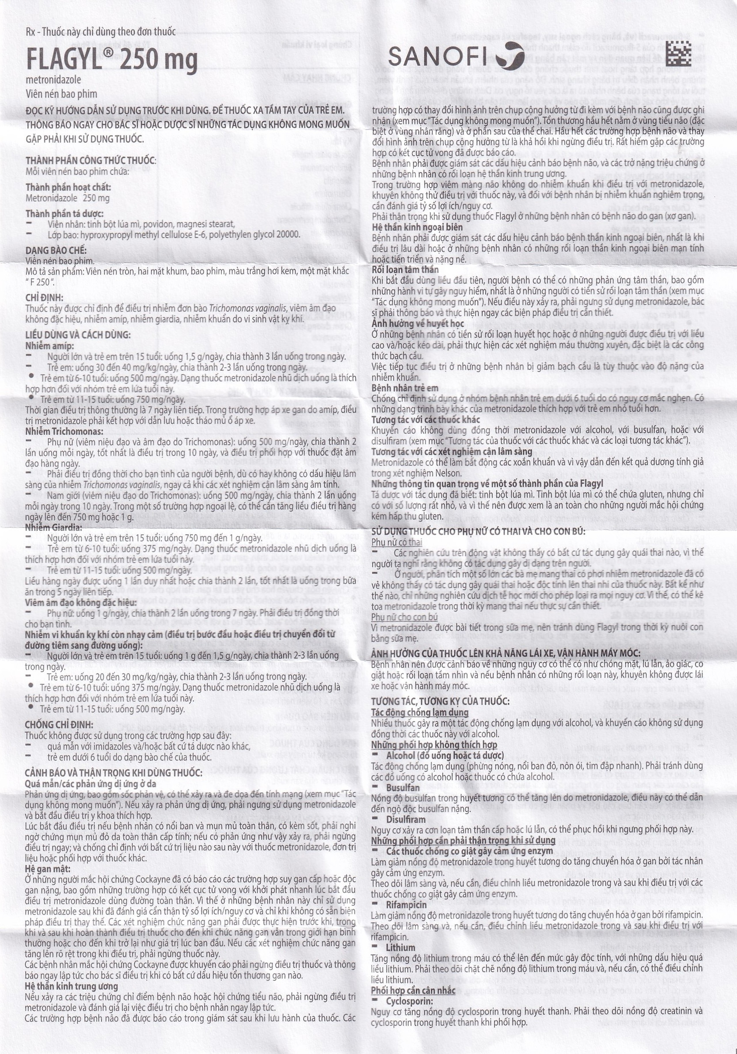 Thuốc Flagyl 250mg Sanofi điều trị nhiễm khuẩn (2 vỉ x 10 viên)