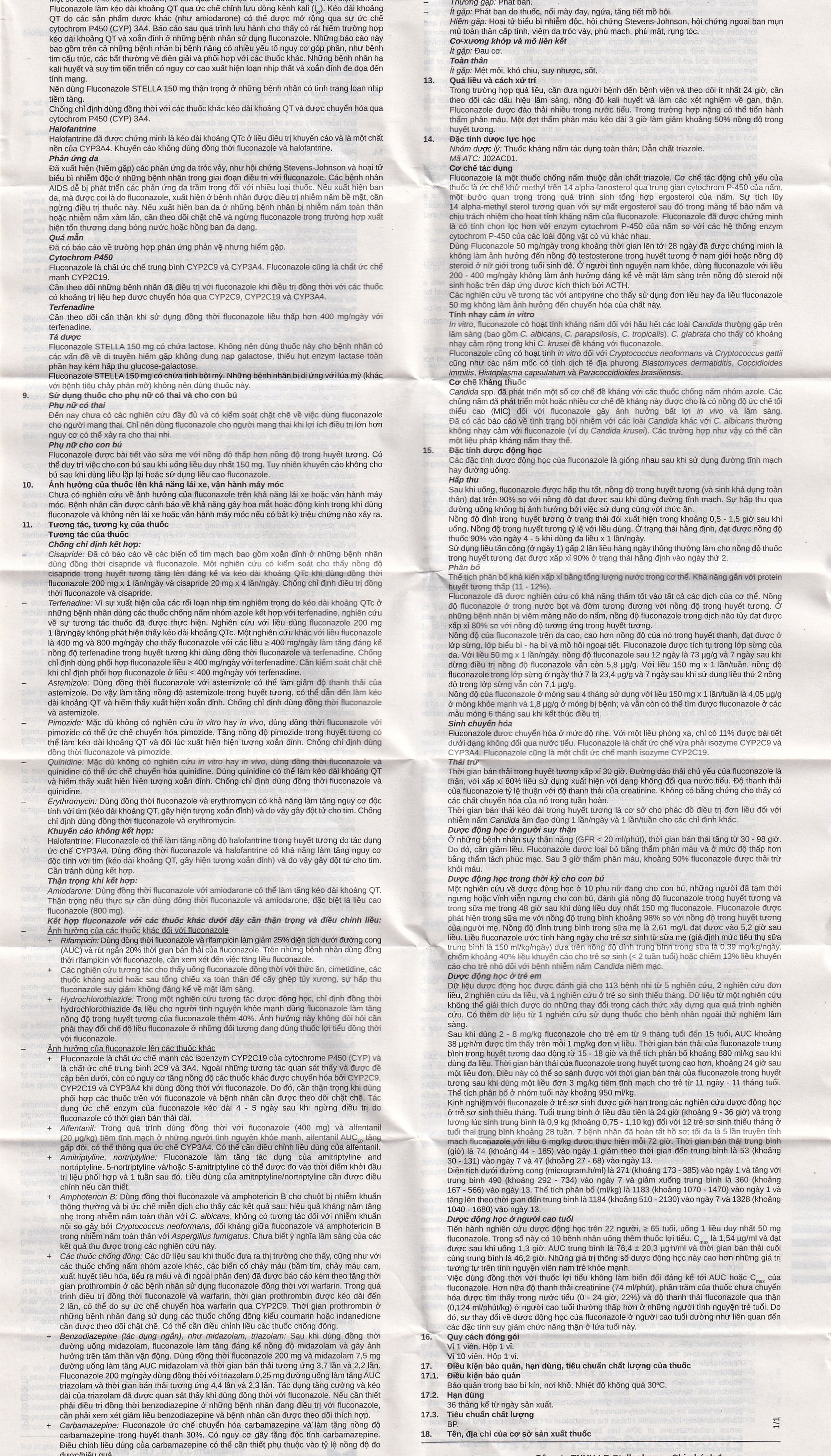 Thuốc Fluconazole Stella 150mg điều trị nhiễm nấm (1 vỉ x 1 viên)