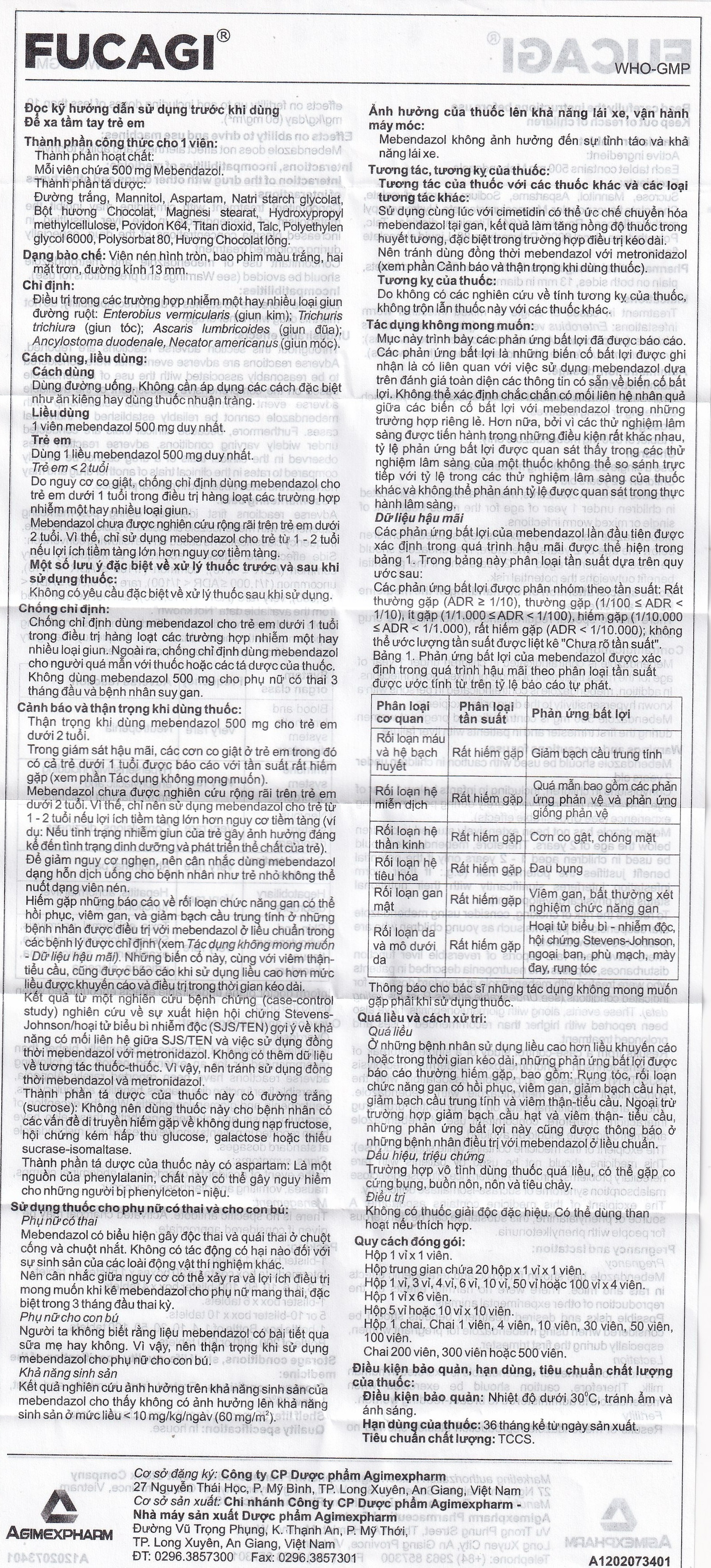 Thuốc Fucagi 500mg Agimexpharm điều trị nhiễm một hoặc nhiều loại giun đường ruột (1 viên)