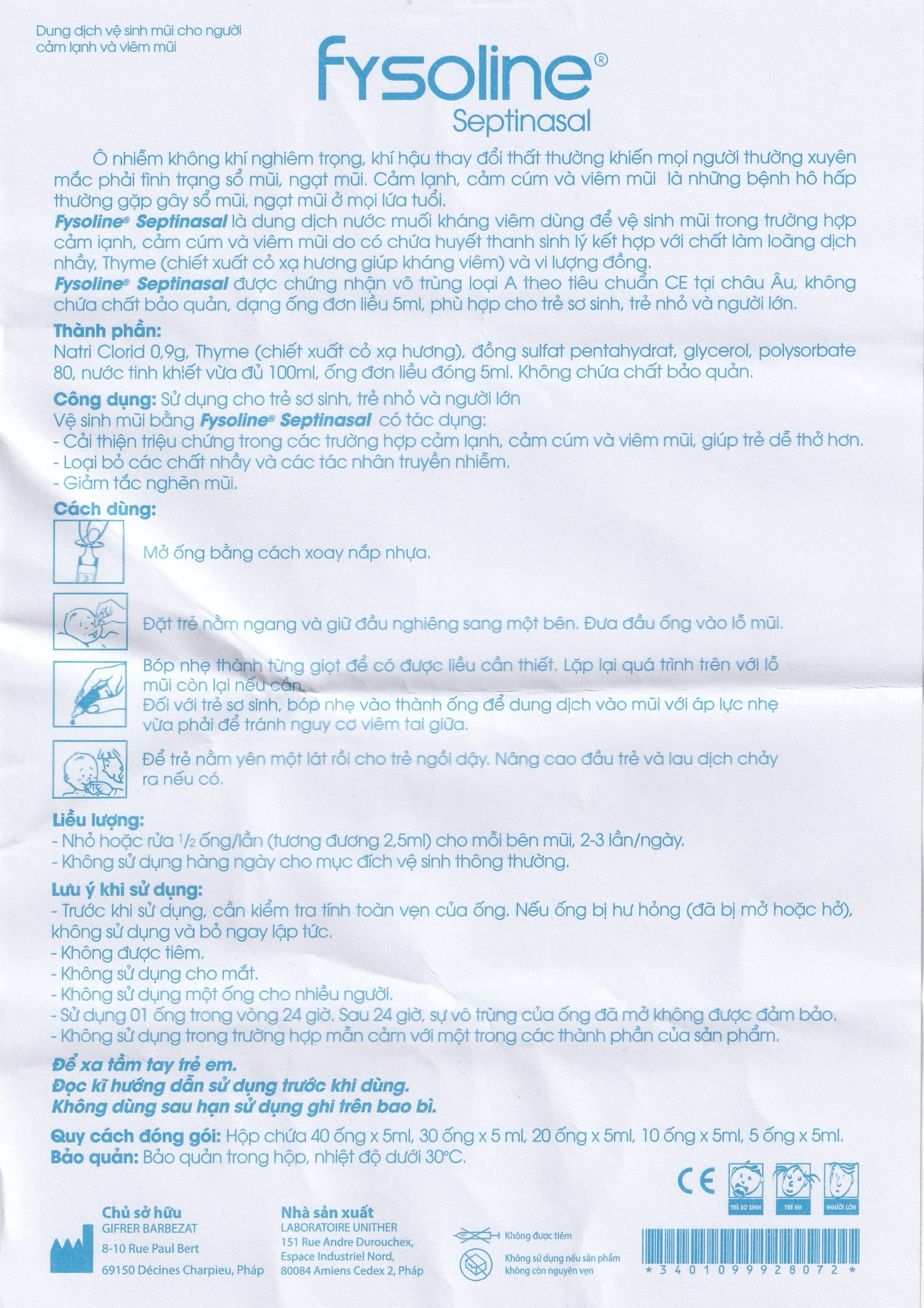 Nước muối sinh lý Fysoline Septinasal (20 ống x 5ml) giúp giảm sổ mũi, viêm mũi, nghẹt mũi, dùng được cho trẻ sơ sinh