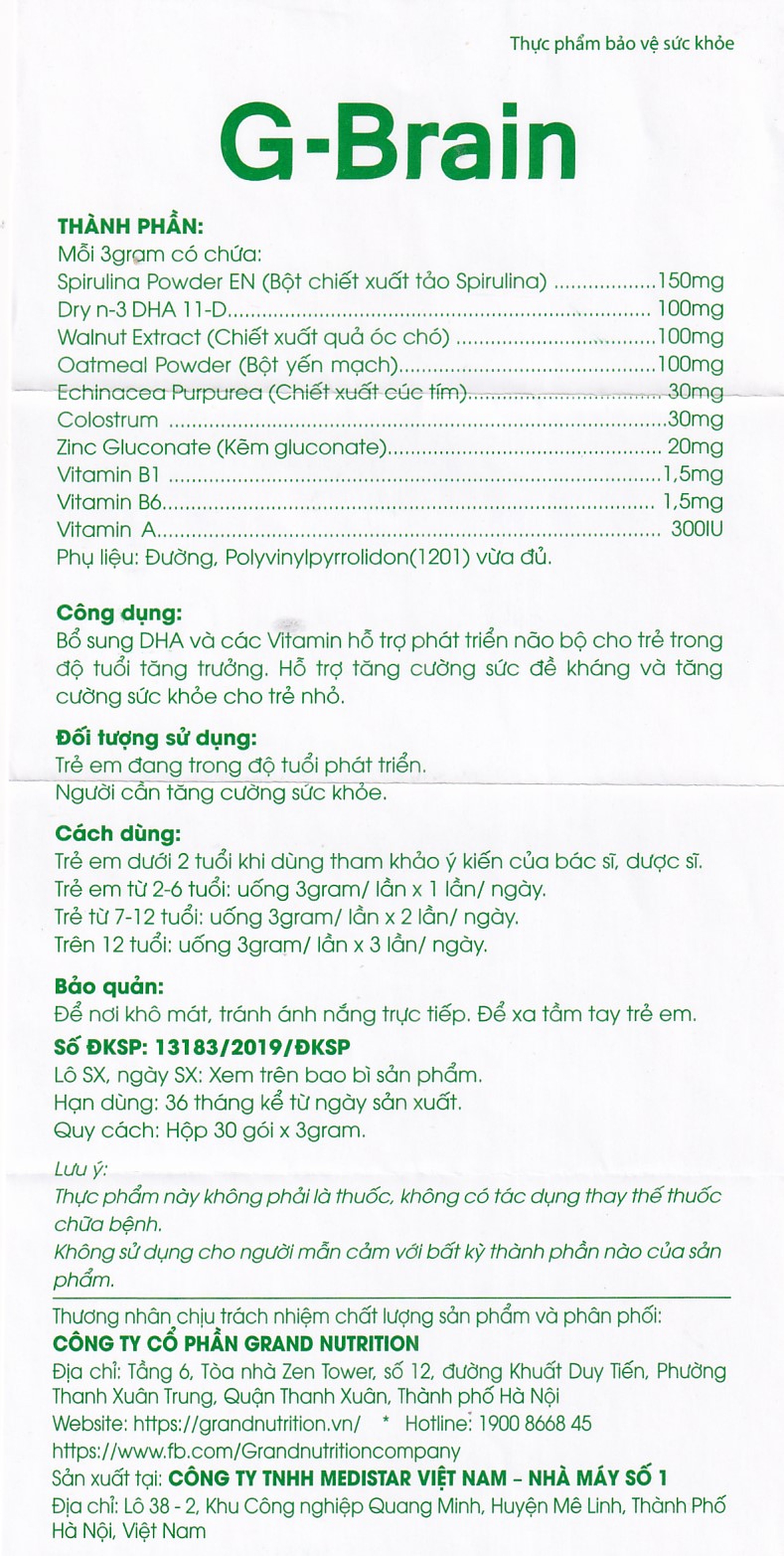 Cốm Trí Não G-Brain 3g Grand Nutrition bổ sung DHA và các vitamin hỗ trợ phát triển não bộ cho trẻ (30 gói)