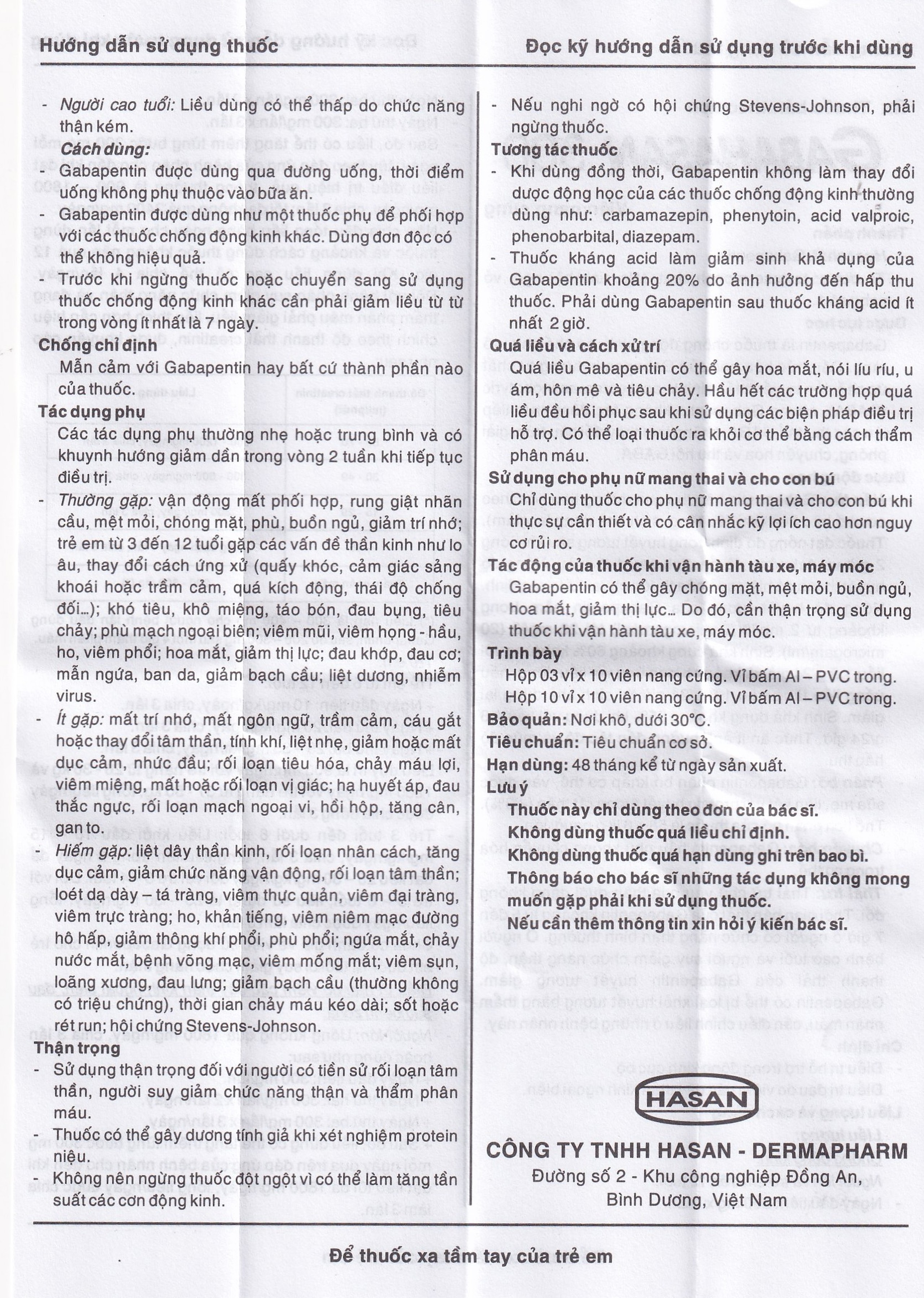 Thuốc Gabahasan 300 Hasan điều trị hỗ trợ trong động kinh cục bộ, đau viêm dây thần kinh ngoại biên (3 vỉ x 10 viên)