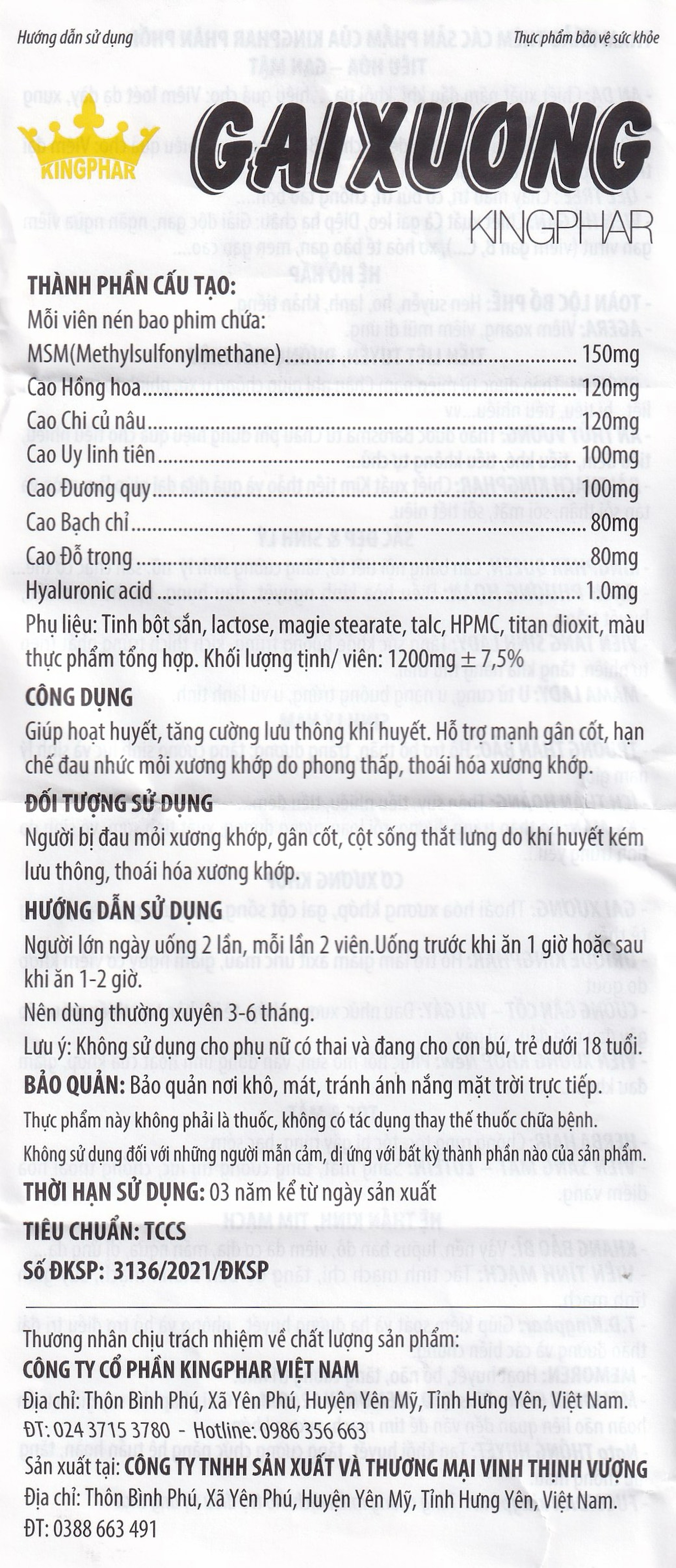 Viên uống Gai Xương Kingphar hoạt huyết, tăng cường lưu thông khí huyết (60 viên)