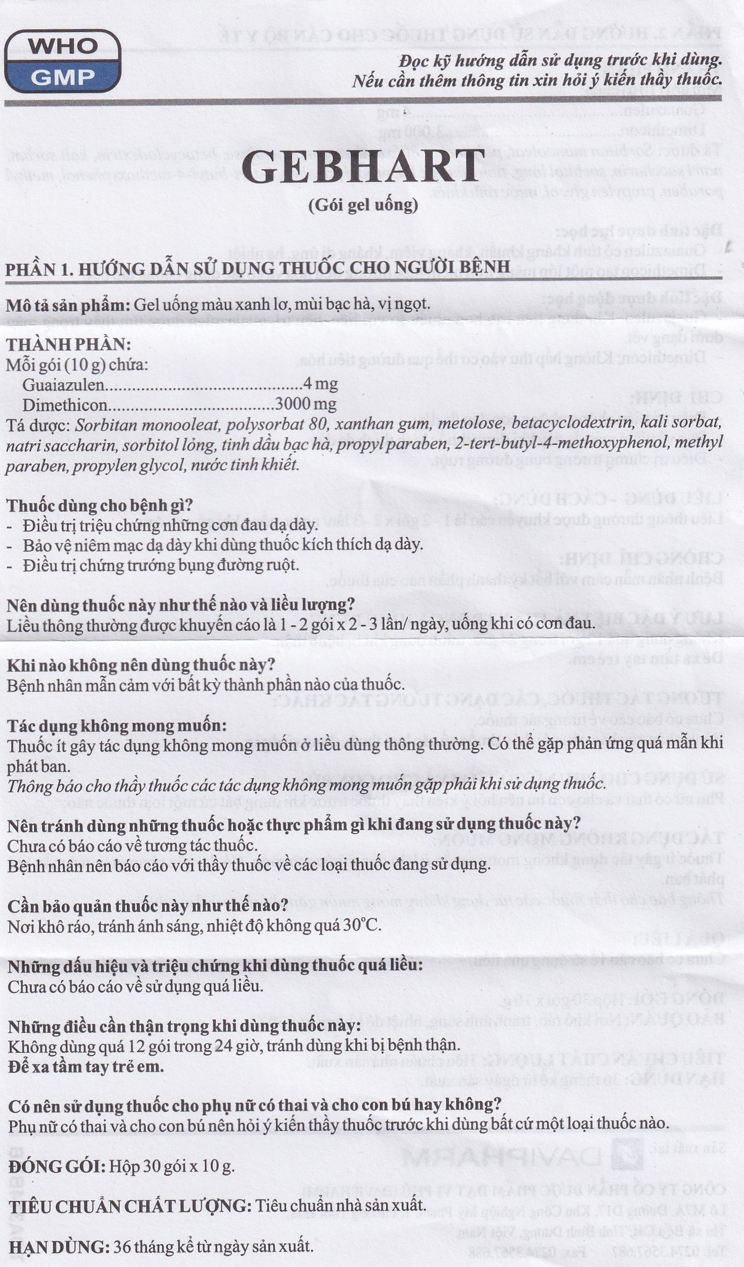 Gel uống Gebhart Davipharm điều trị triệu chứng cơn đau dạ dày (30 gói x 10g)