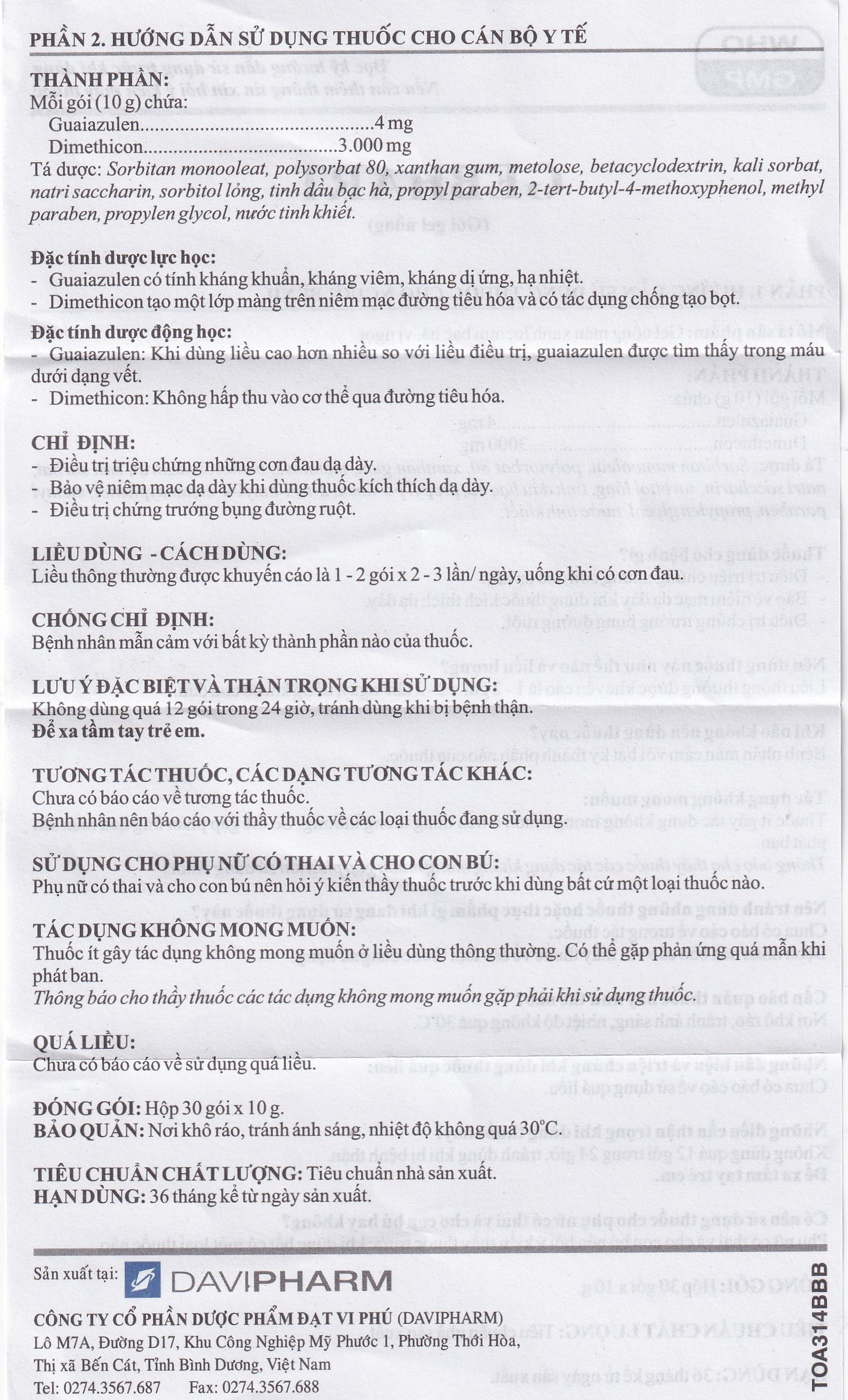 Gel uống Gebhart Davipharm điều trị triệu chứng cơn đau dạ dày (30 gói x 10g)