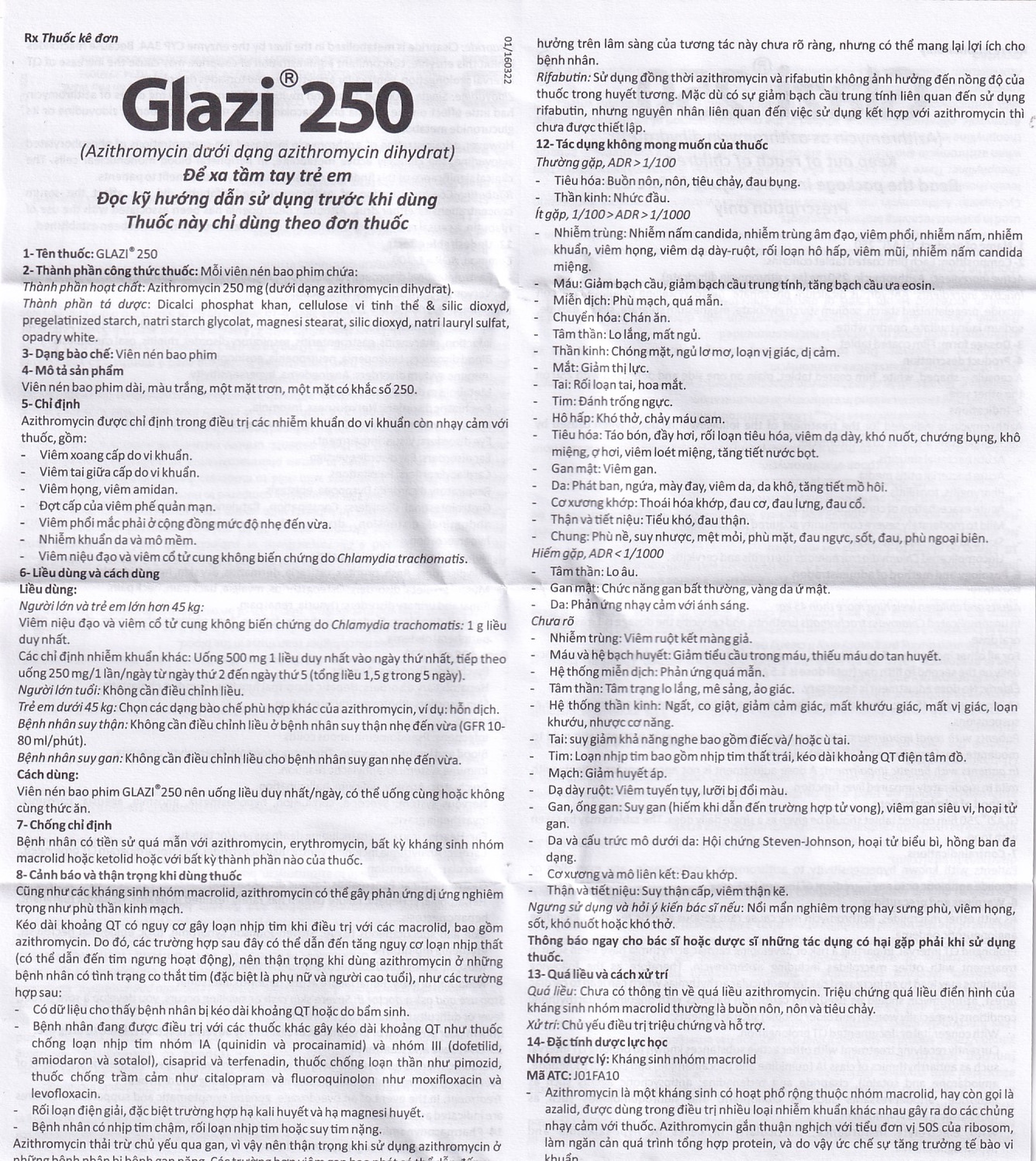 Thuốc Glazi 250 Abbott điều trị viêm xoang cấp, viêm tai giữa cấp, viêm họng, viêm amidan (2 vỉ x 6 viên)
