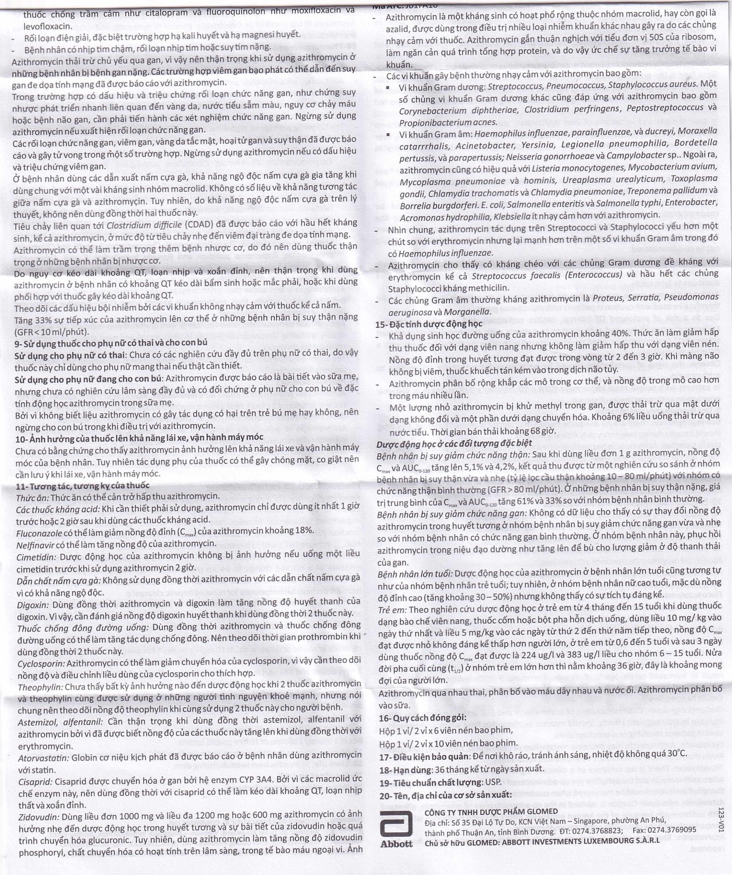 Thuốc Glazi 250 Abbott điều trị viêm xoang cấp, viêm tai giữa cấp, viêm họng, viêm amidan (2 vỉ x 6 viên)