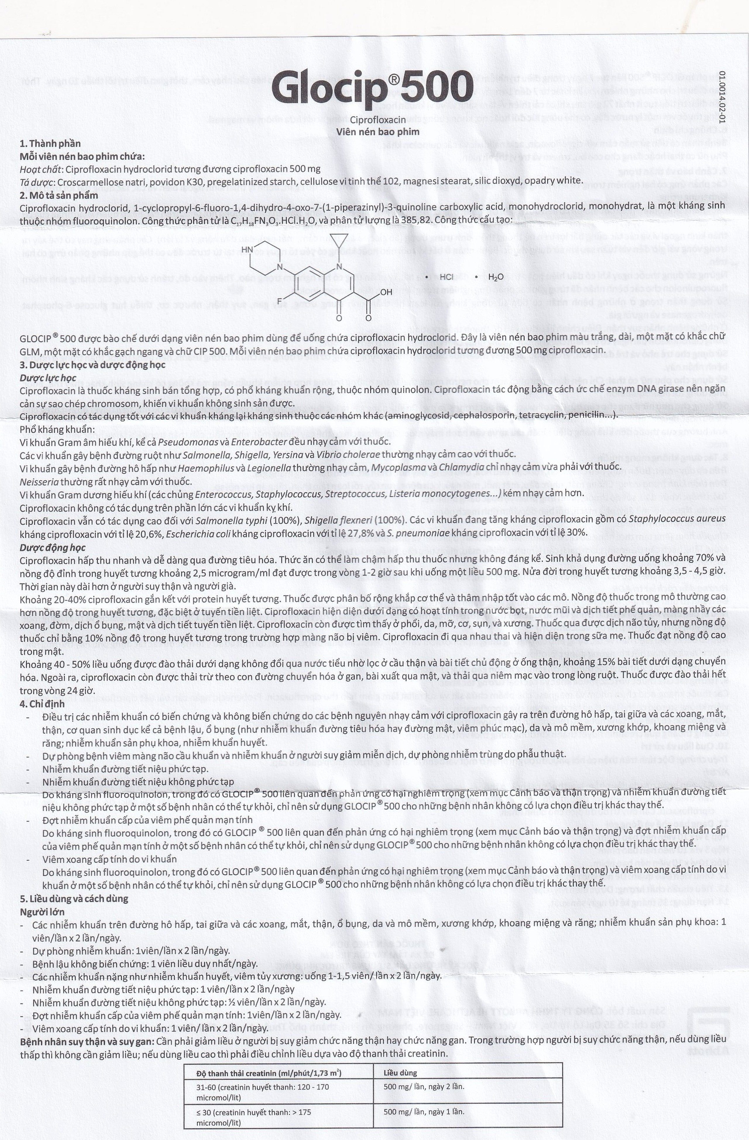 Thuốc Glocip 500 Glomed điều trị nhiễm khuẩn (3 vỉ x 10 viên)