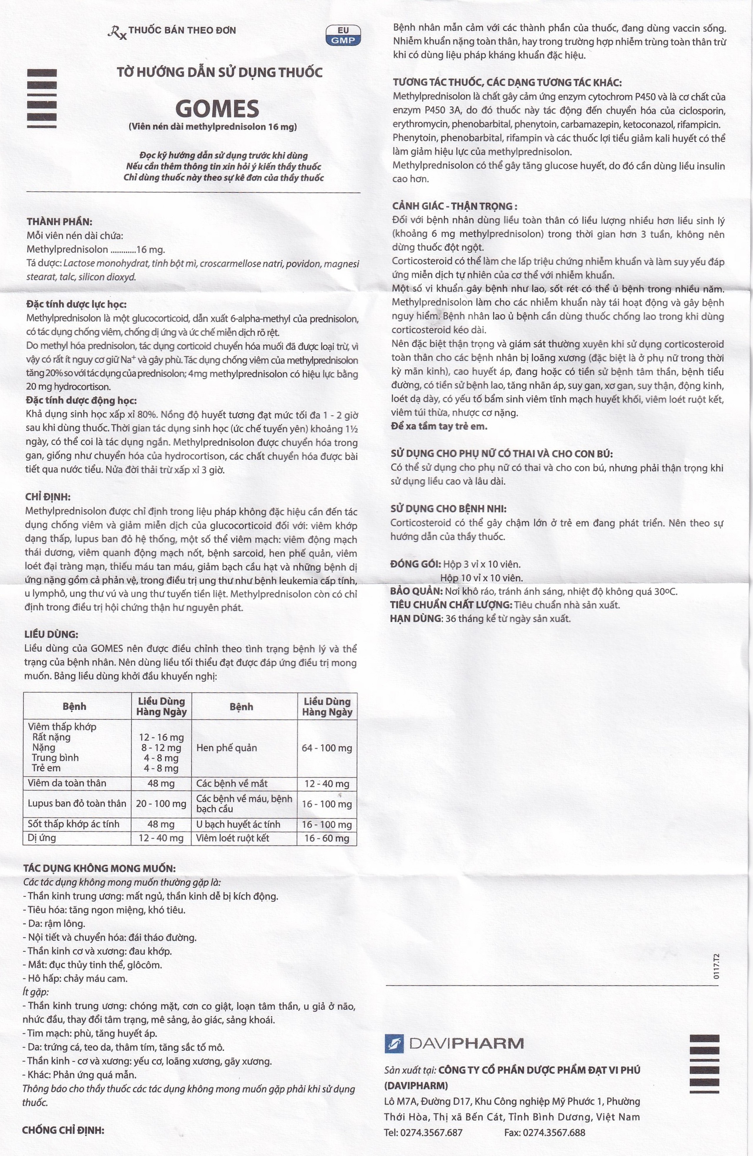Thuốc Gomes 16mg Davipharm kháng viêm, điều trị viêm khớp dạng thấp, lupus ban đỏ hệ thống (3 vỉ x 10 viên)