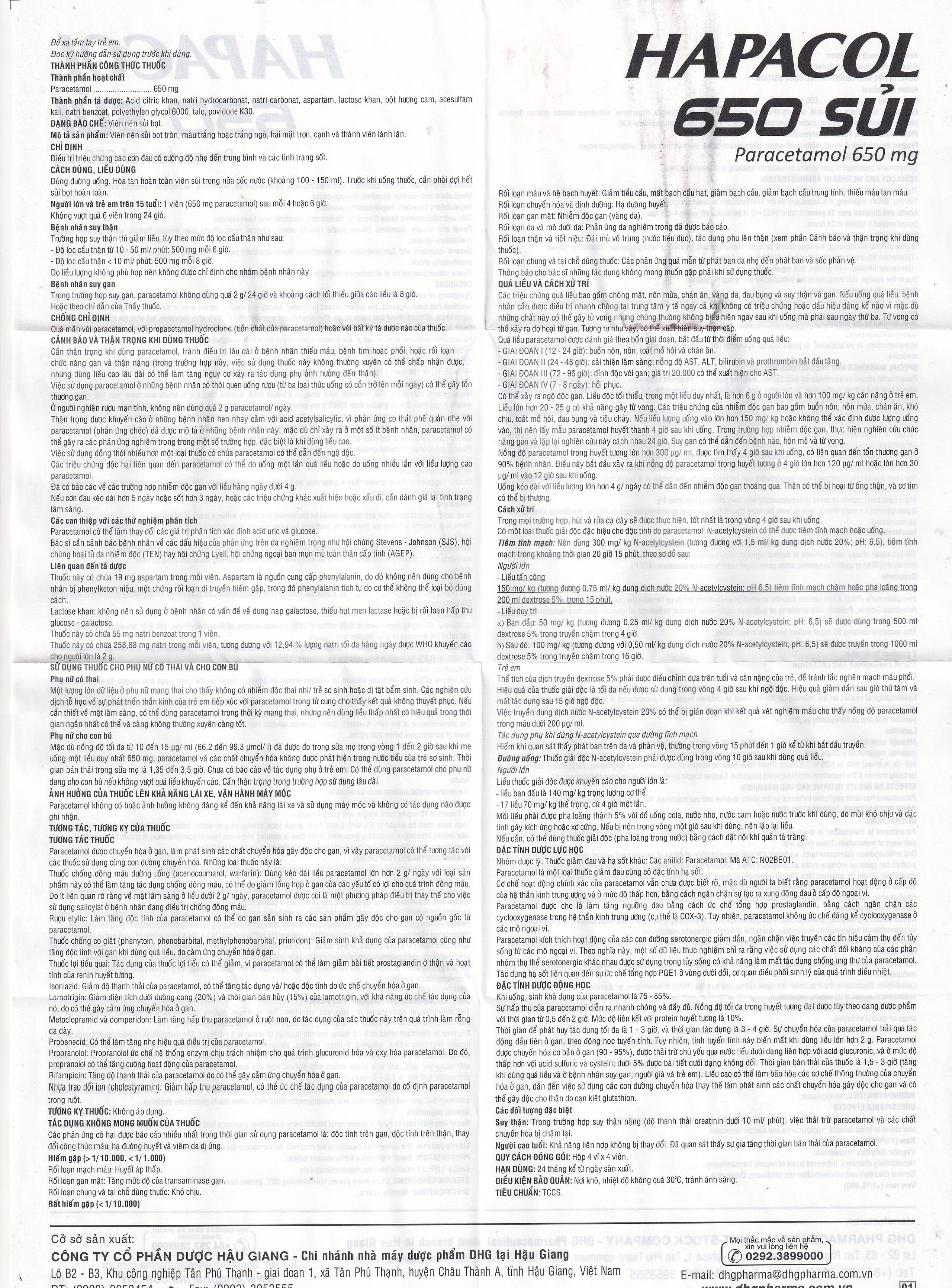 Viên sủi Hapacol 650 DHG điều trị các cơn đau có cường độ nhẹ đến trung bình và sốt (4 vỉ x 4 viên)