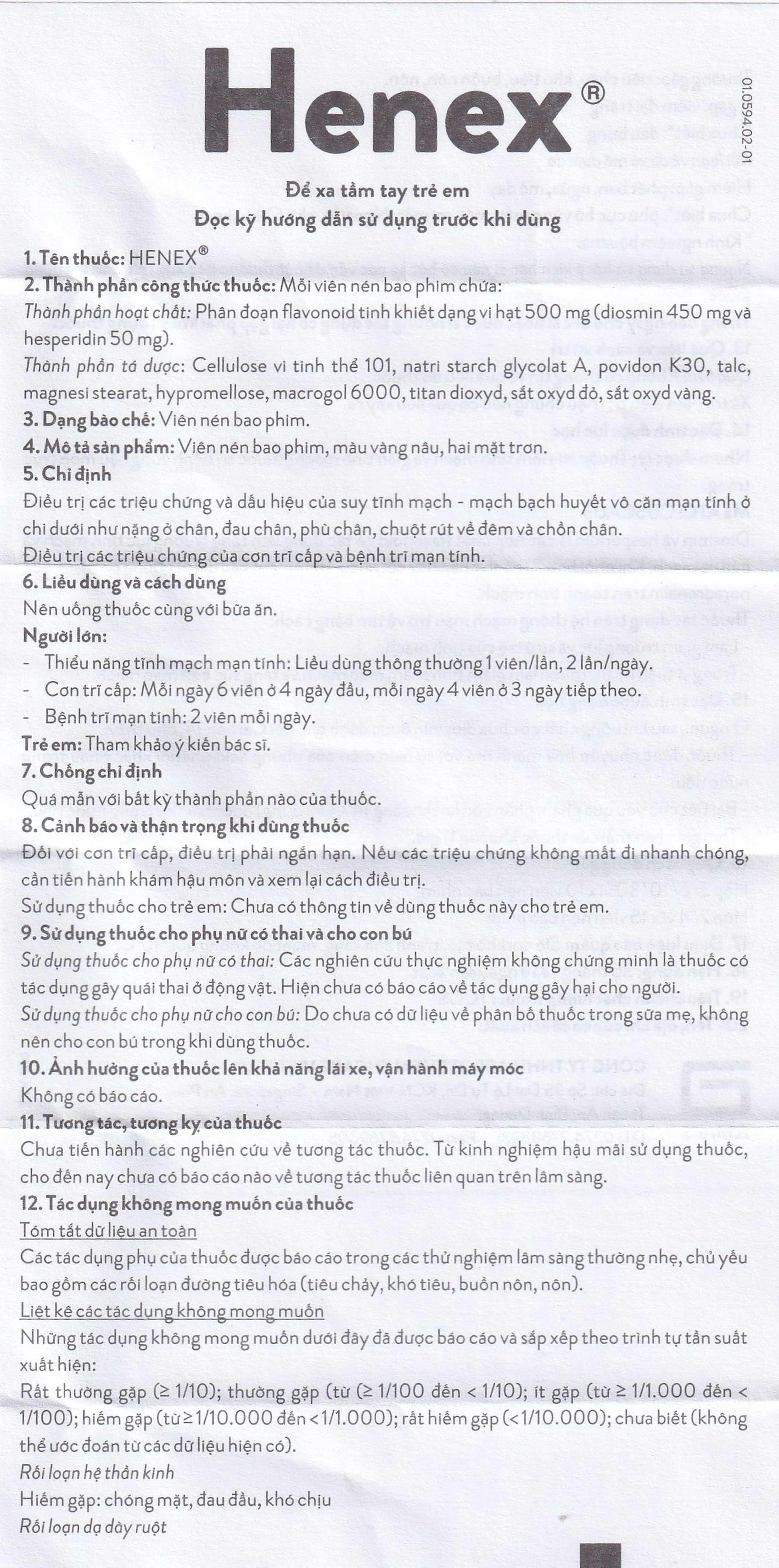 Thuốc Henex 500mg Abbott điều trị suy tĩnh mạch - mạch bạch huyết, cơn trĩ cấp (10 vỉ x 10 viên)