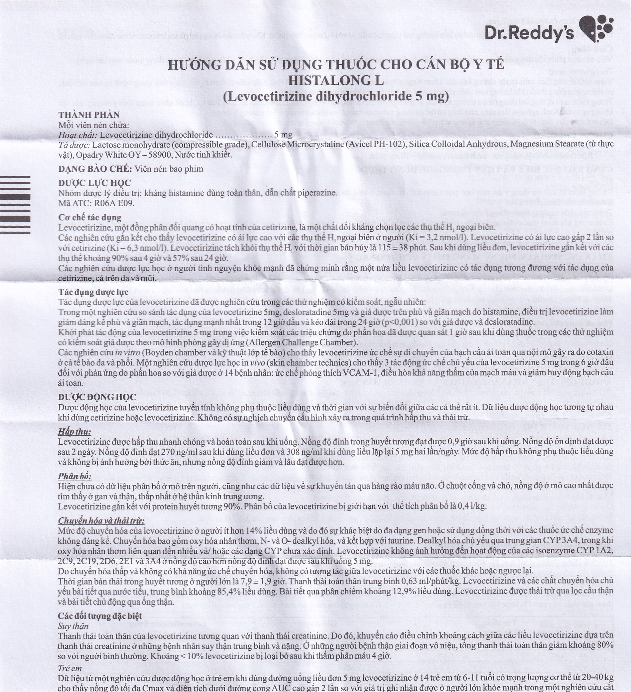 Thuốc Histalong - L 5mg Dr. Reddy điều trị triệu chứng viêm mũi dị ứng (2 vỉ x 10 viên)