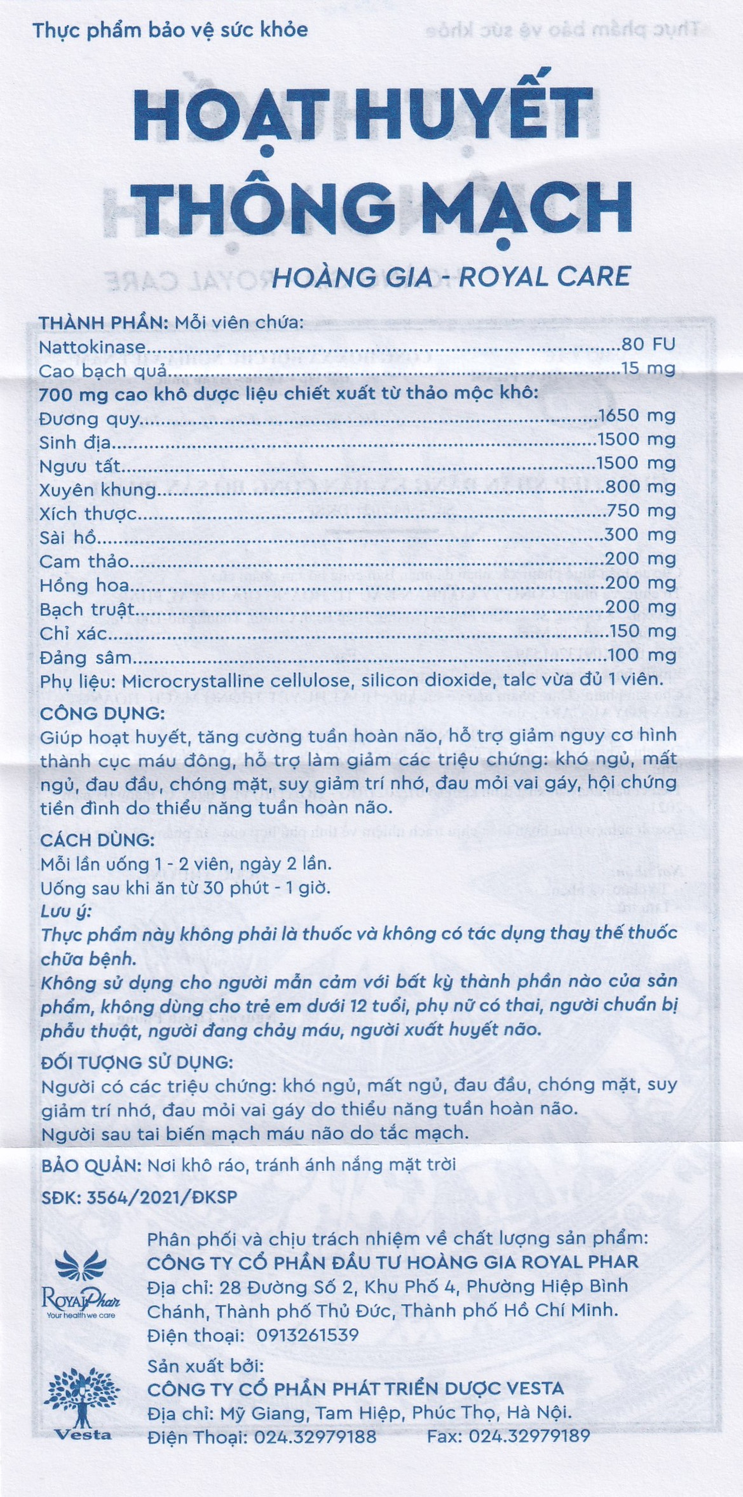 Viên uống Hoạt Huyết Thông Mạch Hoàng Gia Royal Care tăng cường tuần hoàn não (3 vỉ x 10 viên)