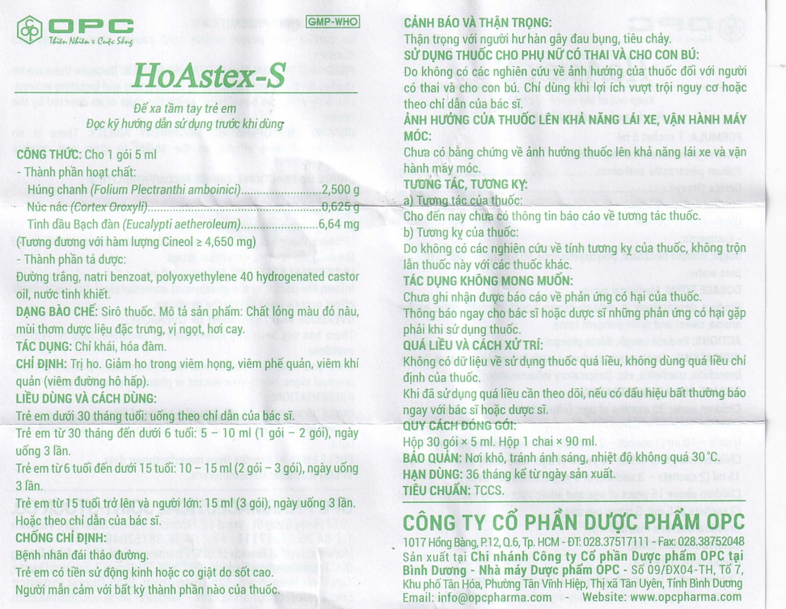 Siro HoAstex-S 90ml OPC dùng trị ho, giảm ho trong viêm họng, viêm phế quản