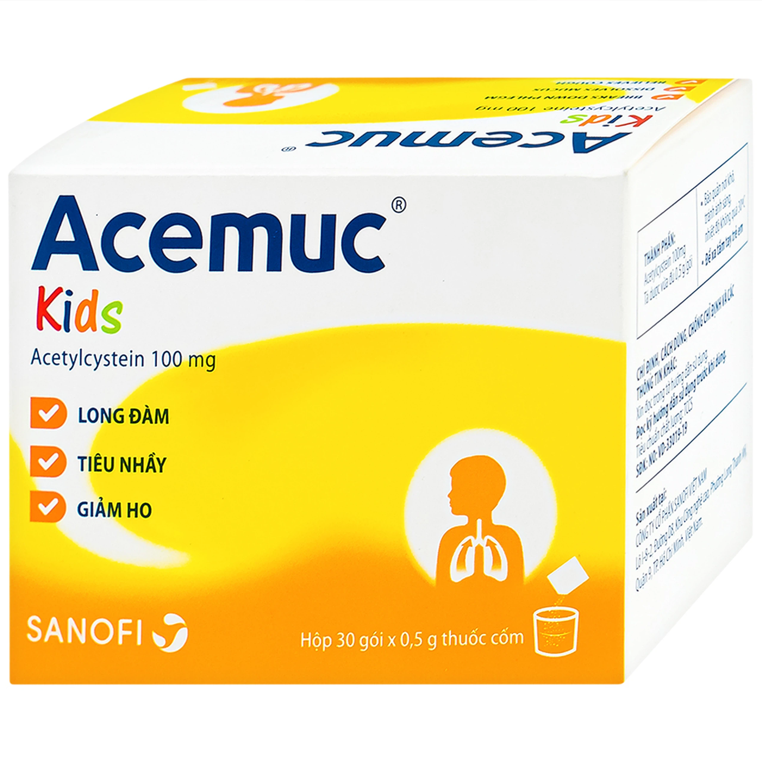 Thuốc cốm Acemuc Kids 100mg Sanofi long đàm, tiêu nhầy, giảm ho (30 gói x 0.5g)