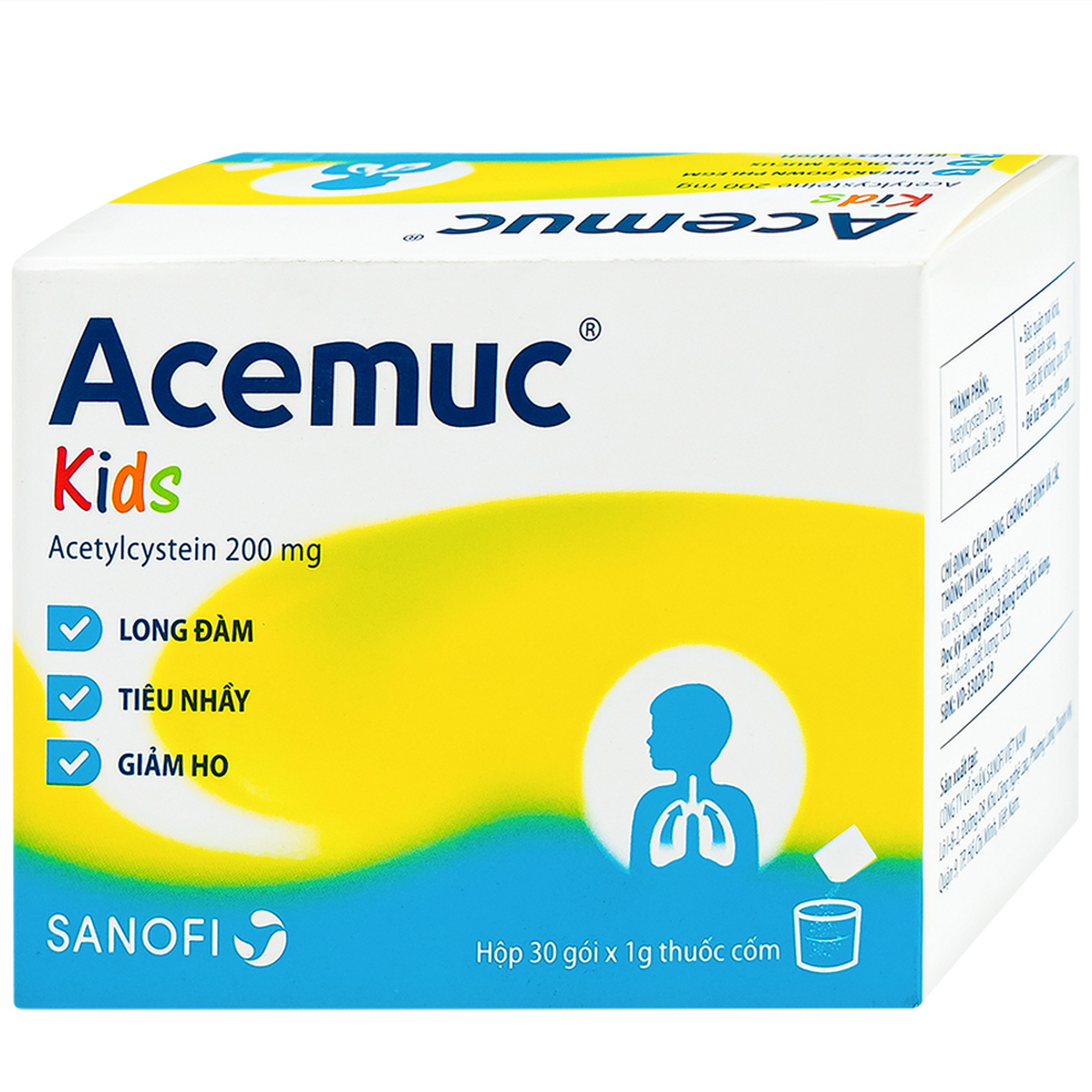 Thuốc cốm Acemuc Kids 200mg Sanofi long đàm, tiêu nhầy, giảm ho (30 gói x 1g)
