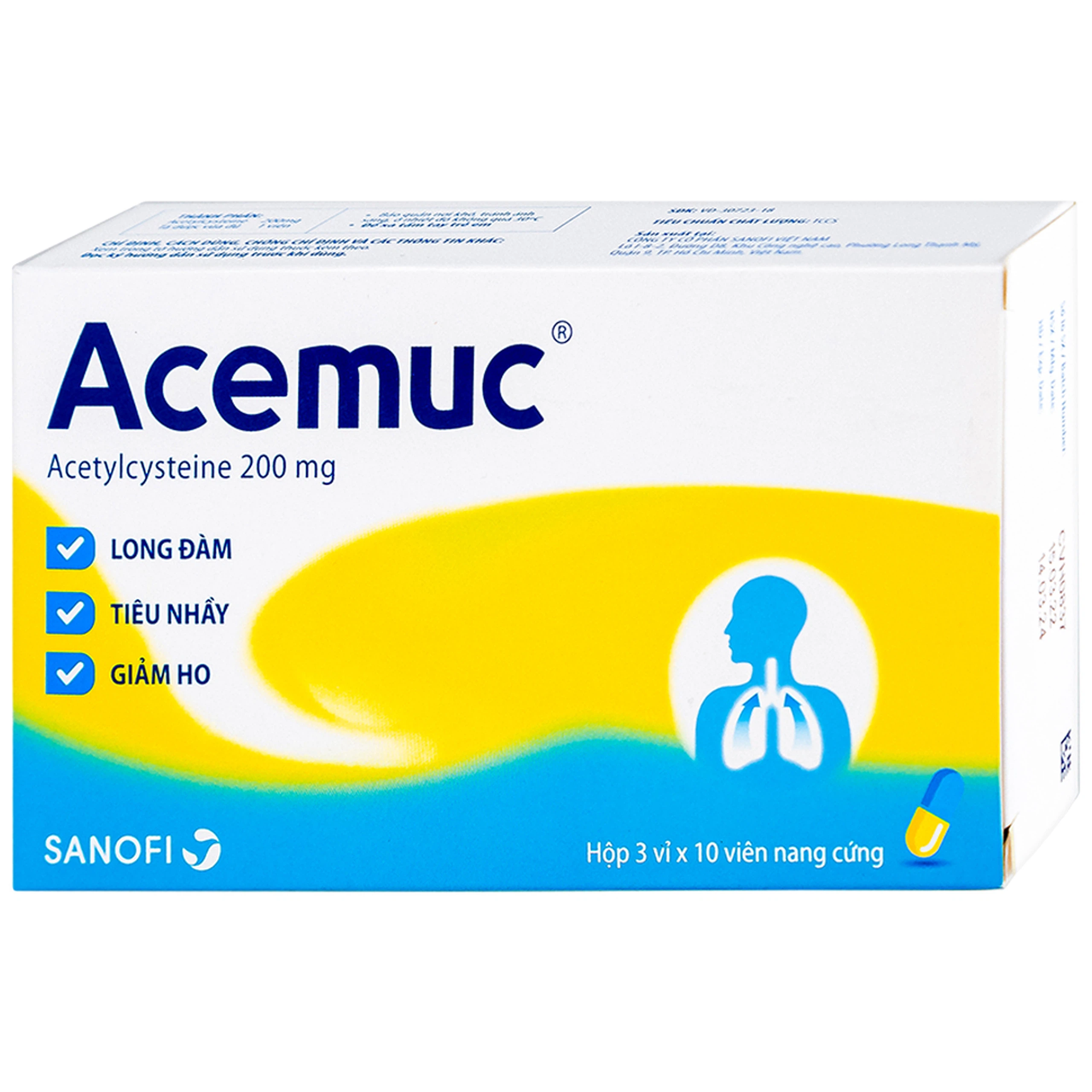 Thuốc Acemuc 200mg Sanofi long đàm, tiêu nhầy, giảm ho (3 vỉ x 10 viên)