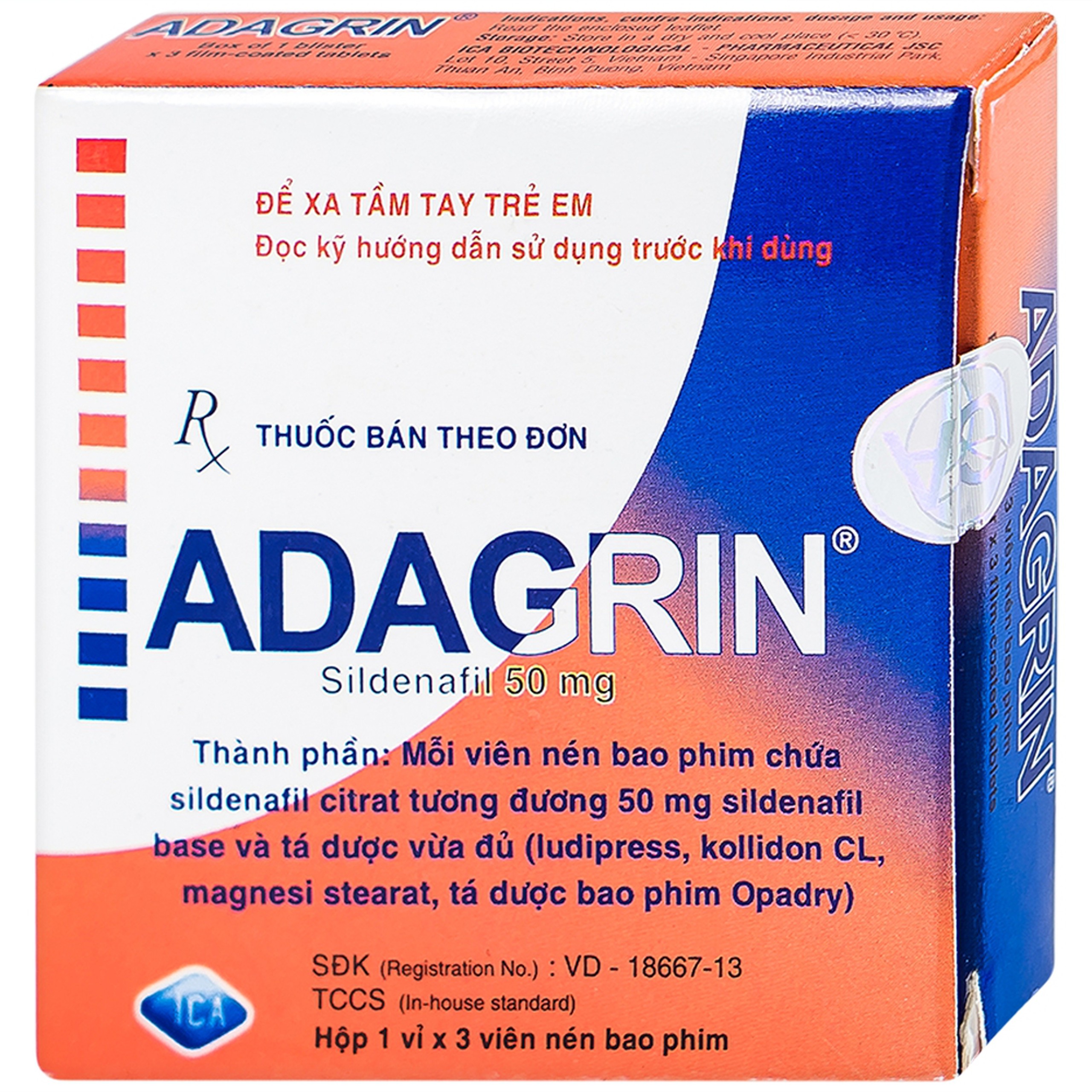 Thuốc Adagrin 50mg điều trị rối loạn cương dương (1 vỉ x 3 viên)