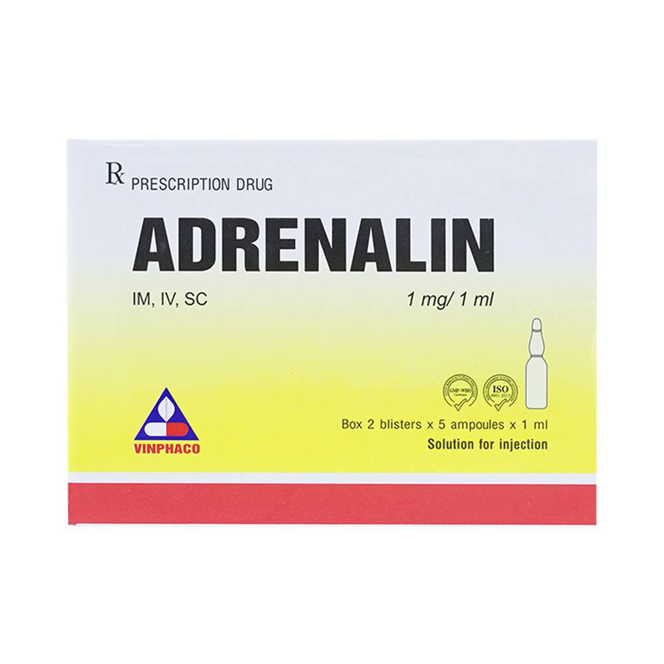 Dung dịch tiêm Adrenalin 1mg/1ml hồi sức tim phổi, cấp cứu choáng phản vệ (2 vỉ x 5 ống)
