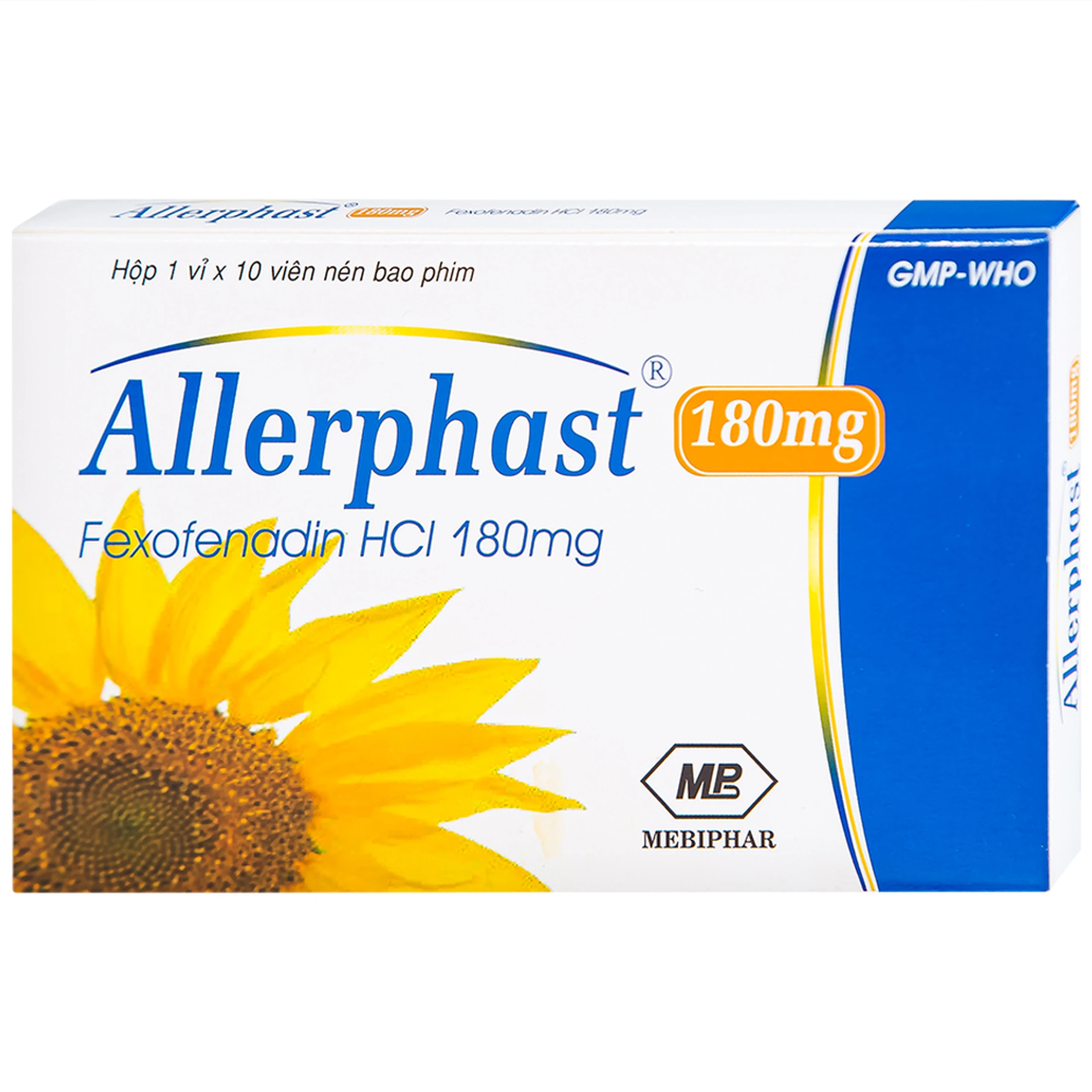 Thuốc Allerphast 180mg Mebiphar điều trị viêm mũi dị ứng theo mùa, mày đay mạn tính vô căn (1 vỉ x 10 viên)