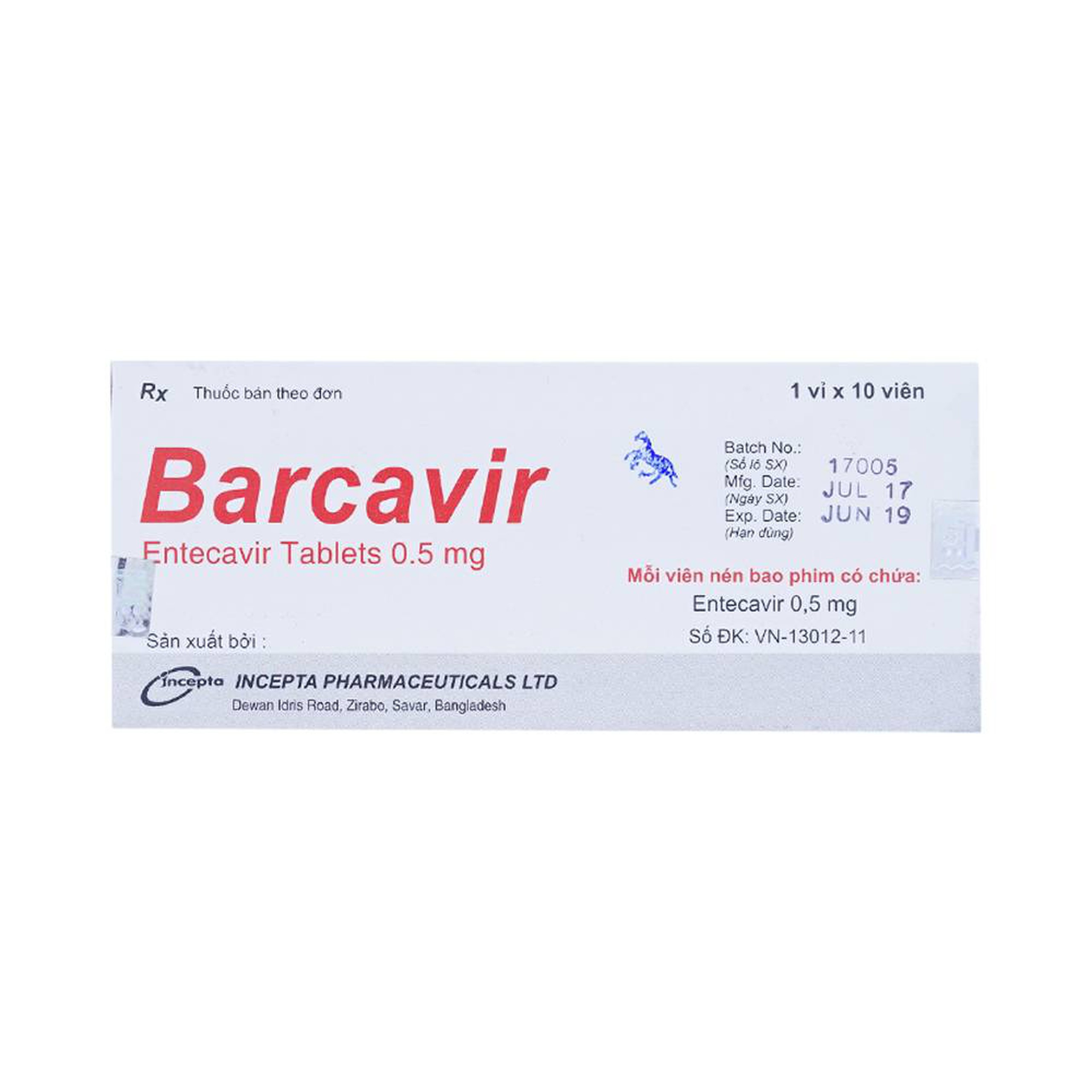 Thuốc Barcavir 0.5mg Incepta điều trị nhiễm virus viêm gan B mạn tính (1 vỉ x 10 viên)