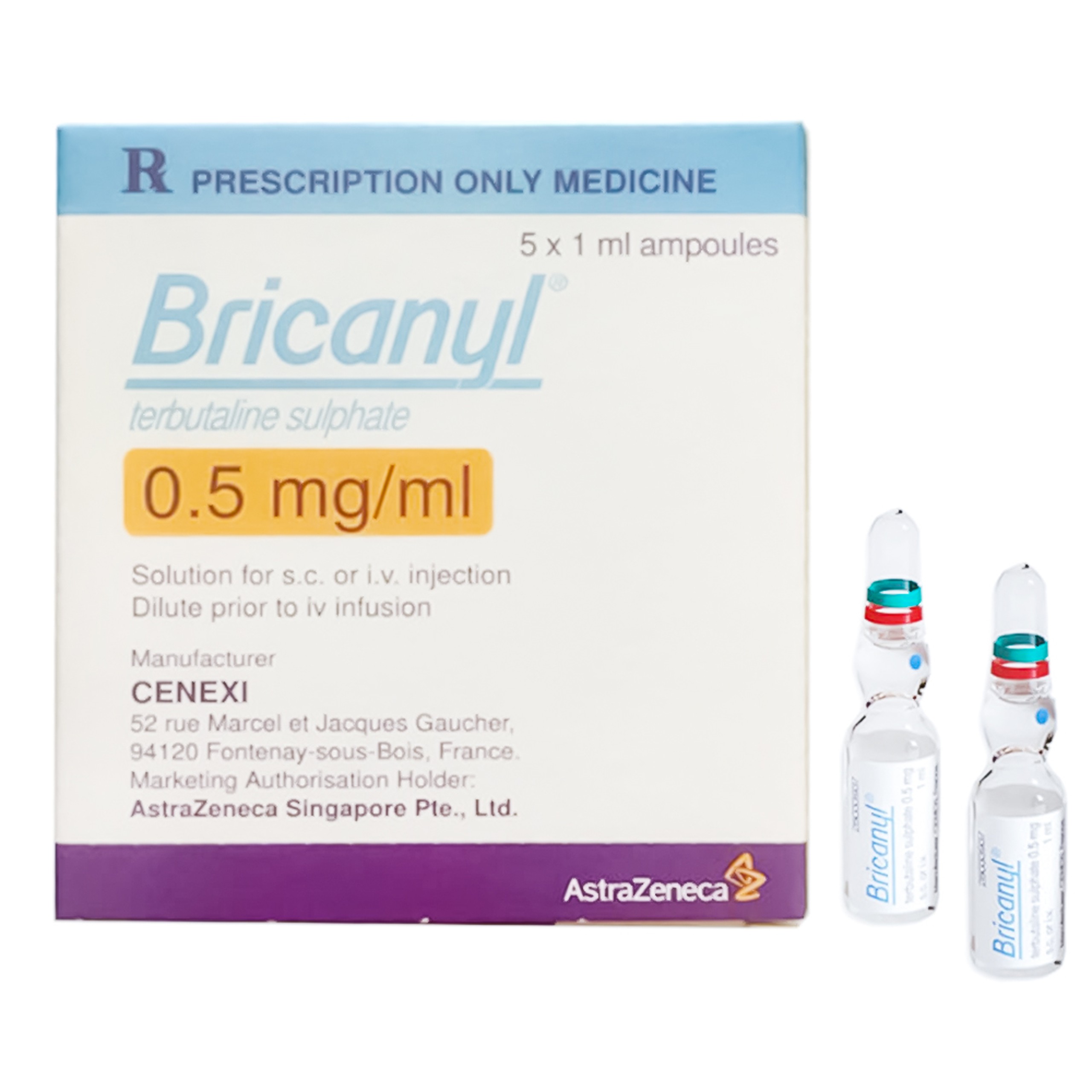 Thuốc tiêm Bricanyl 0.5mg/ml Cenexi giảm co thắt trong hen phế quản, viêm phế quản mạn (5 ống x 1ml)