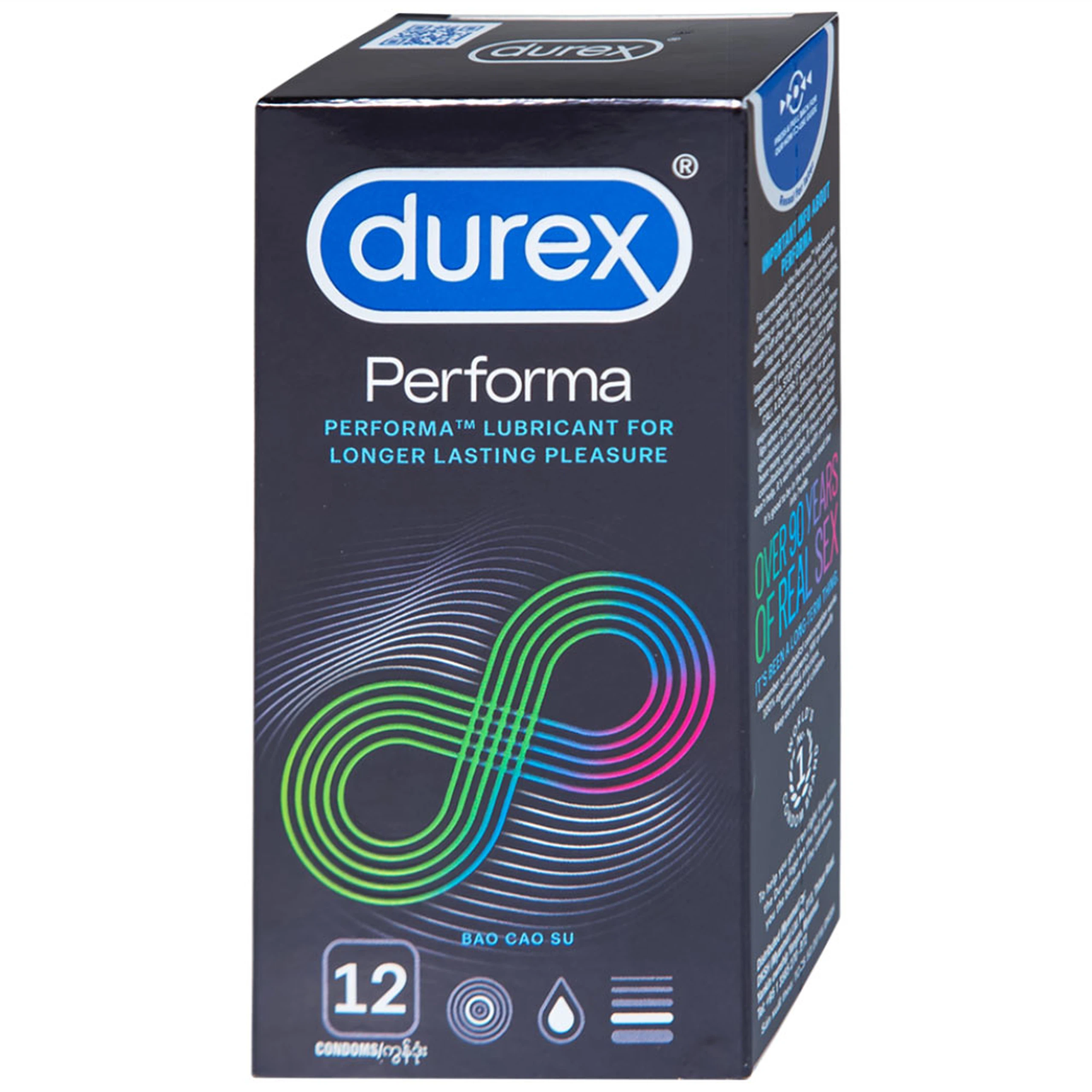 Bao cao su Durex Performa có gel bôi trơn, kéo thời điểm cực khoái trong lúc quan hệ (12 cái)