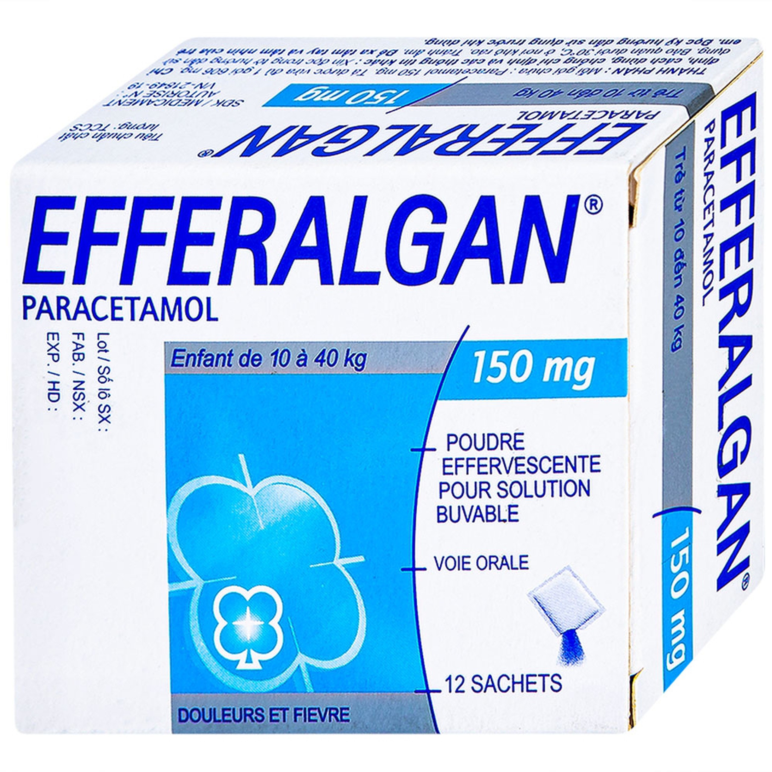 Bột sủi Efferalgan 150mg UPSA SAS giảm đau, hạ sốt (12 gói)