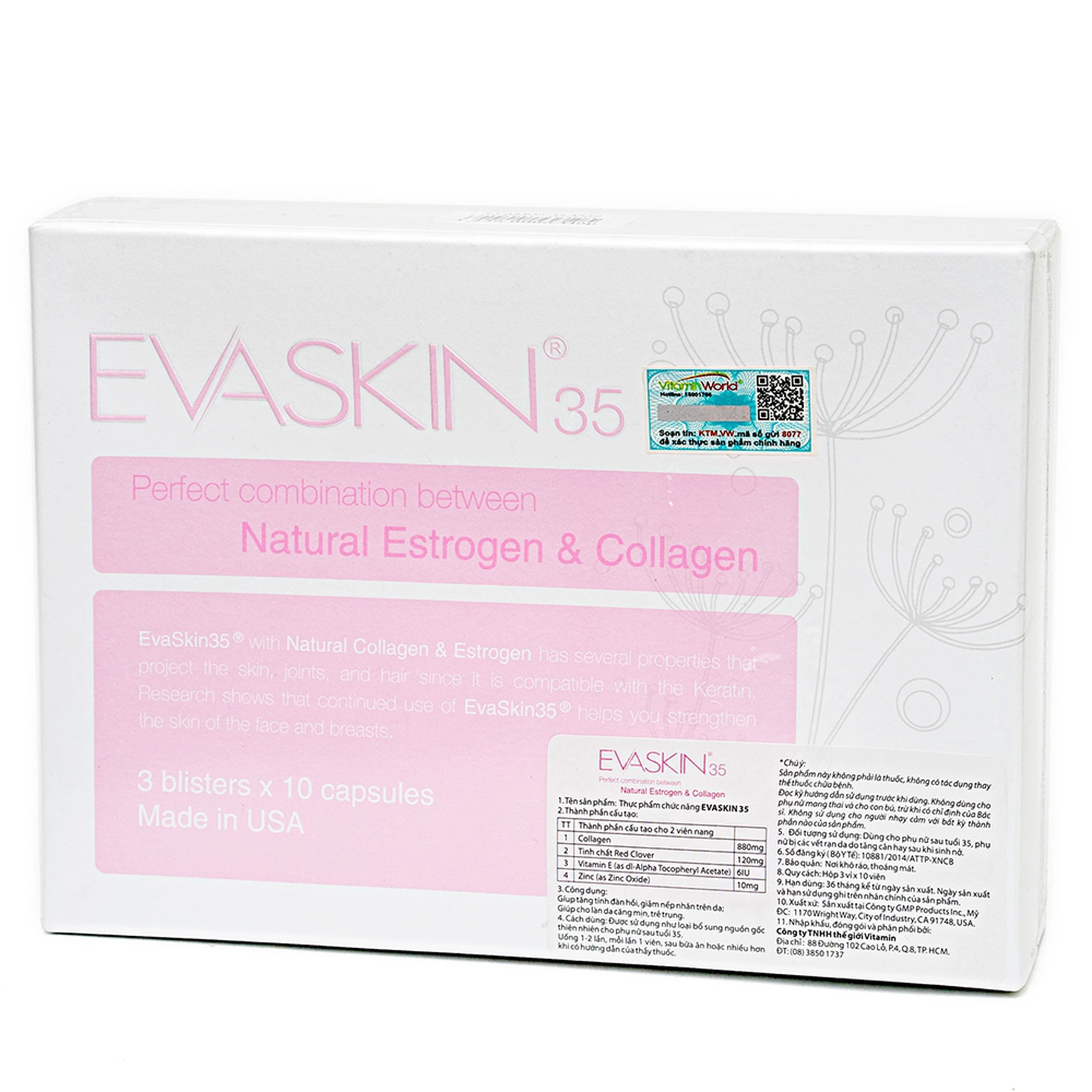 Viên uống Evaskin 35 GMP tăng tính đàn hồi, giảm nếp nhăn trên da (3 vỉ x 10 viên)