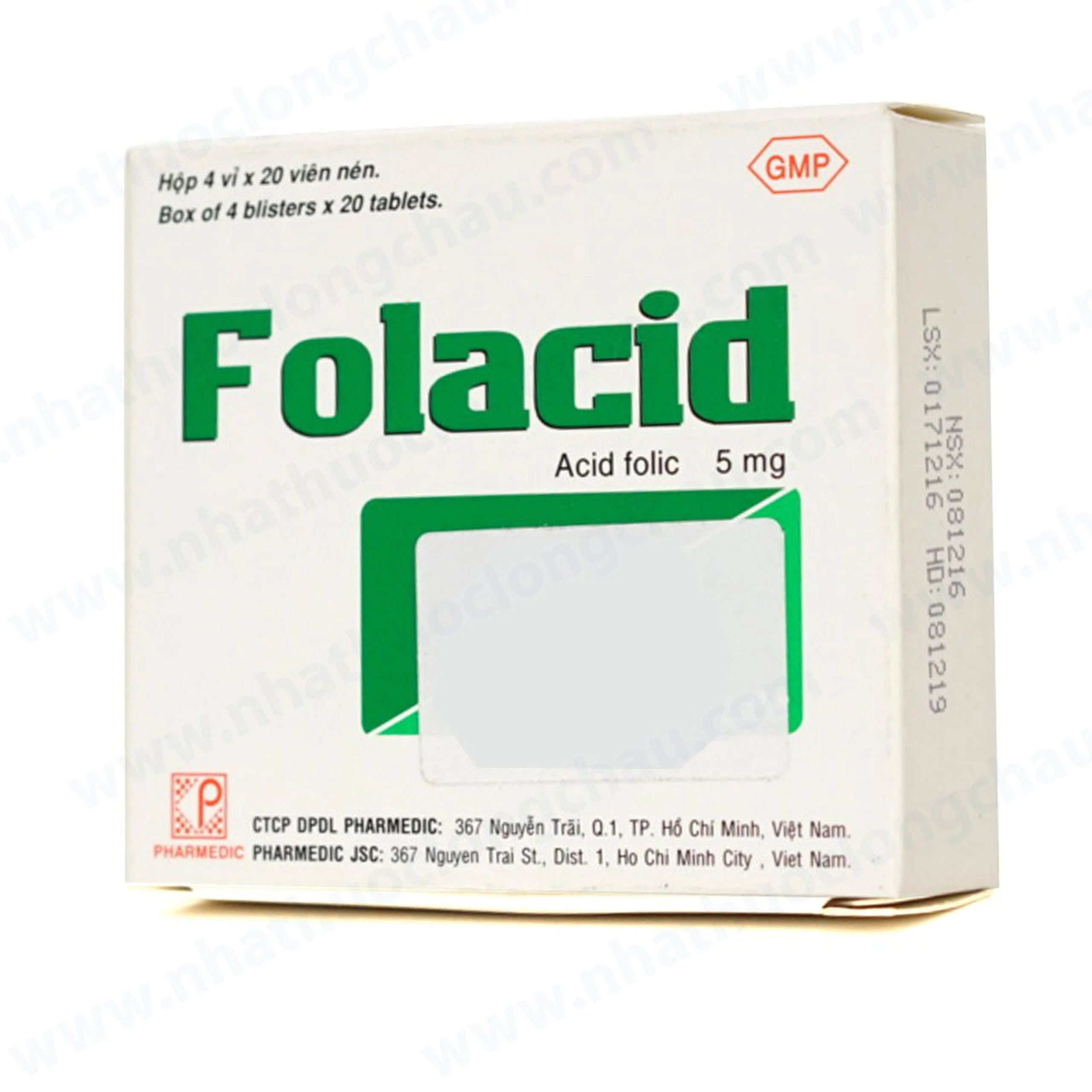 Thuốc Folacid Pharmedic điều trị thiếu máu nguyên hồng cầu khổng lồ (4 vỉ x 20 viên)