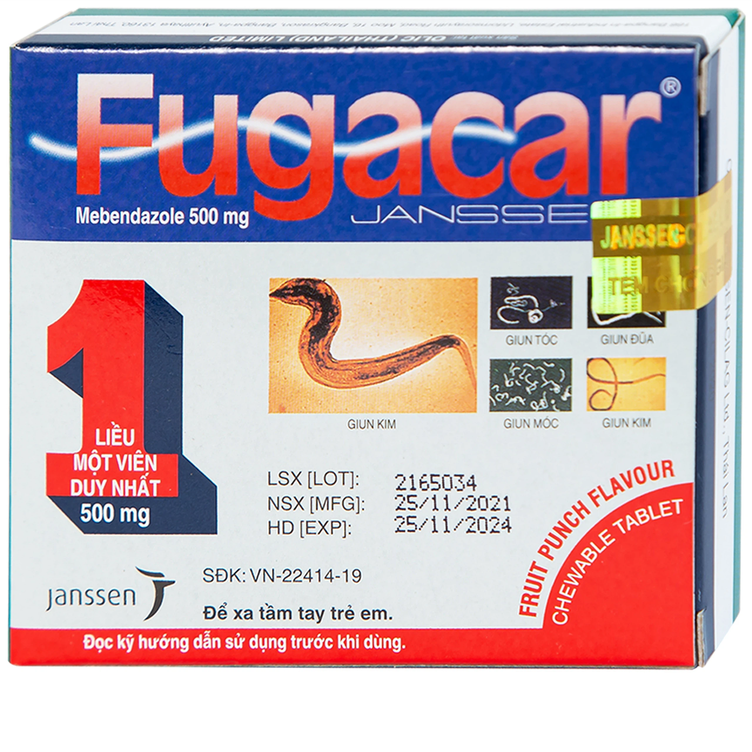 Thuốc Fugacar Janssen hương trái cây điều trị nhiễm một hay nhiều loại giun đường ruột (1 viên)