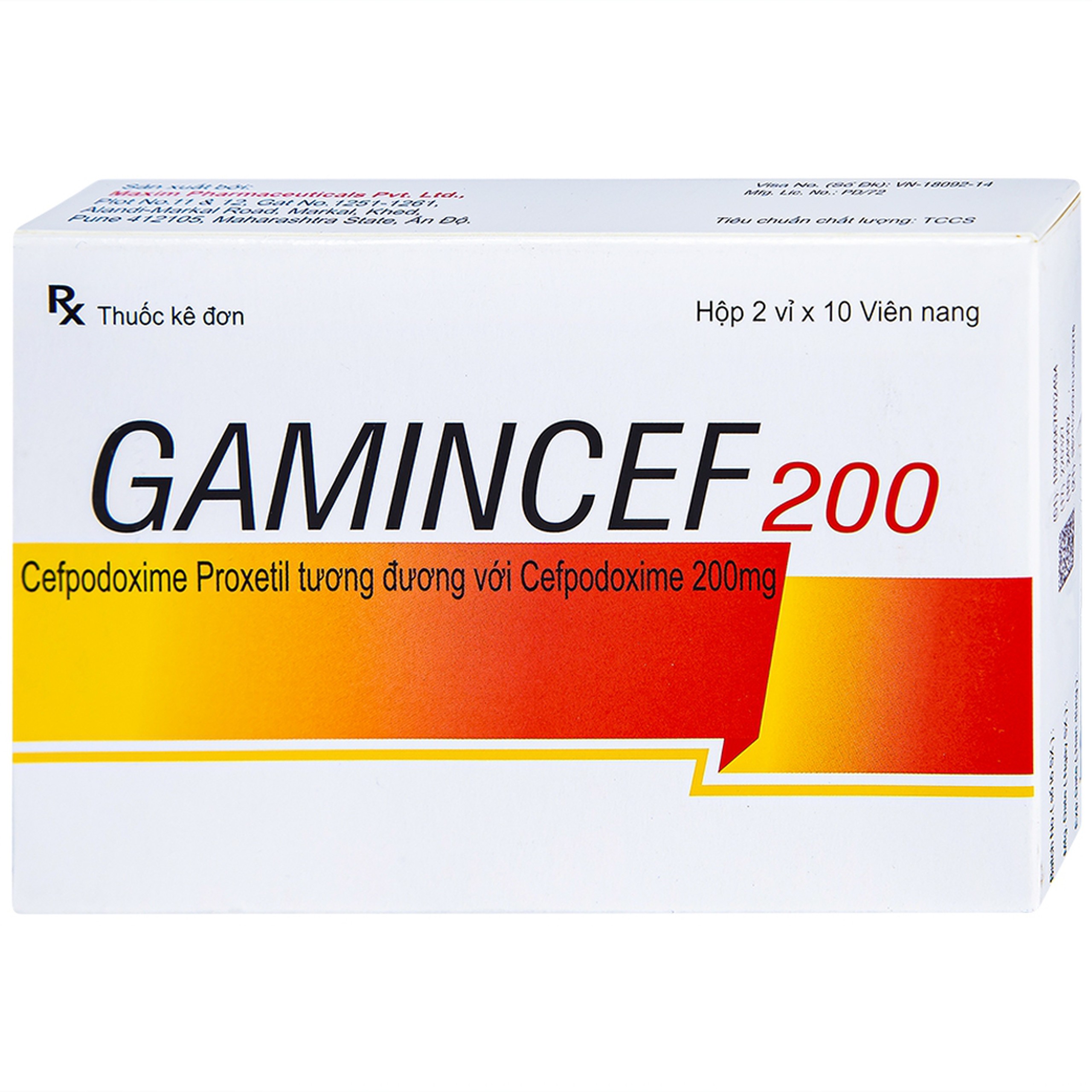 Thuốc Gamincef 200 Maxim điều trị viêm phổi, viêm phế quản, viêm họng (2 vỉ x 10 viên)