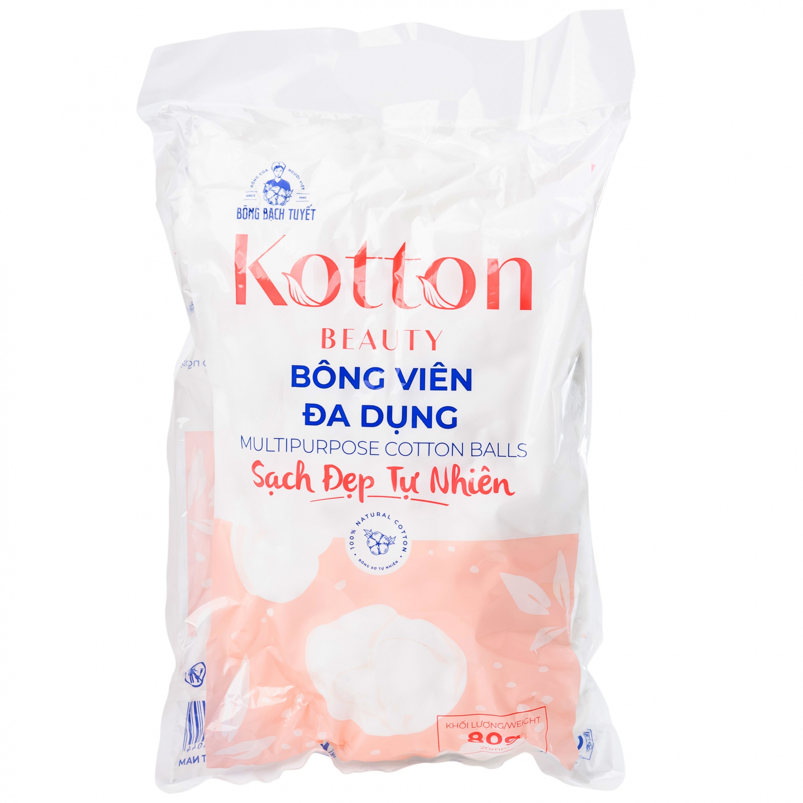 Bông viên đa dụng Kotton Beauty Bạch Tuyết làm sạch da, tẩy trang, vệ sinh móng (80g)